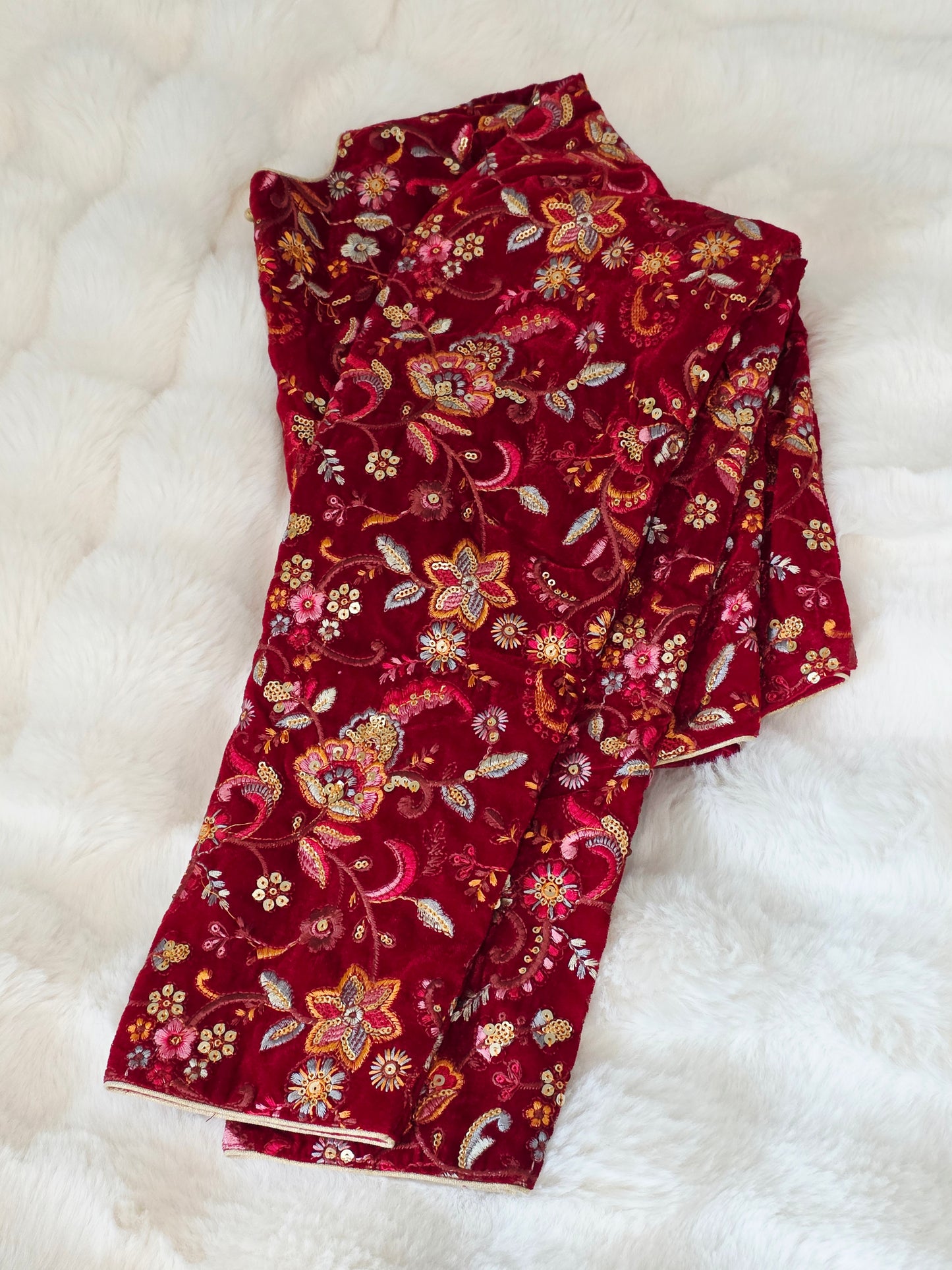 Royal Crimson Velvet Full Sleeve Embroidered Designer Blouse