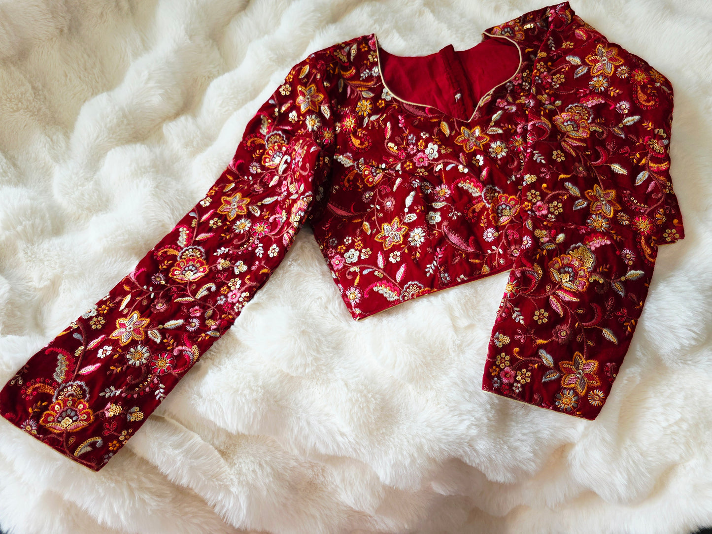 Royal Crimson Velvet Full Sleeve Embroidered Designer Blouse