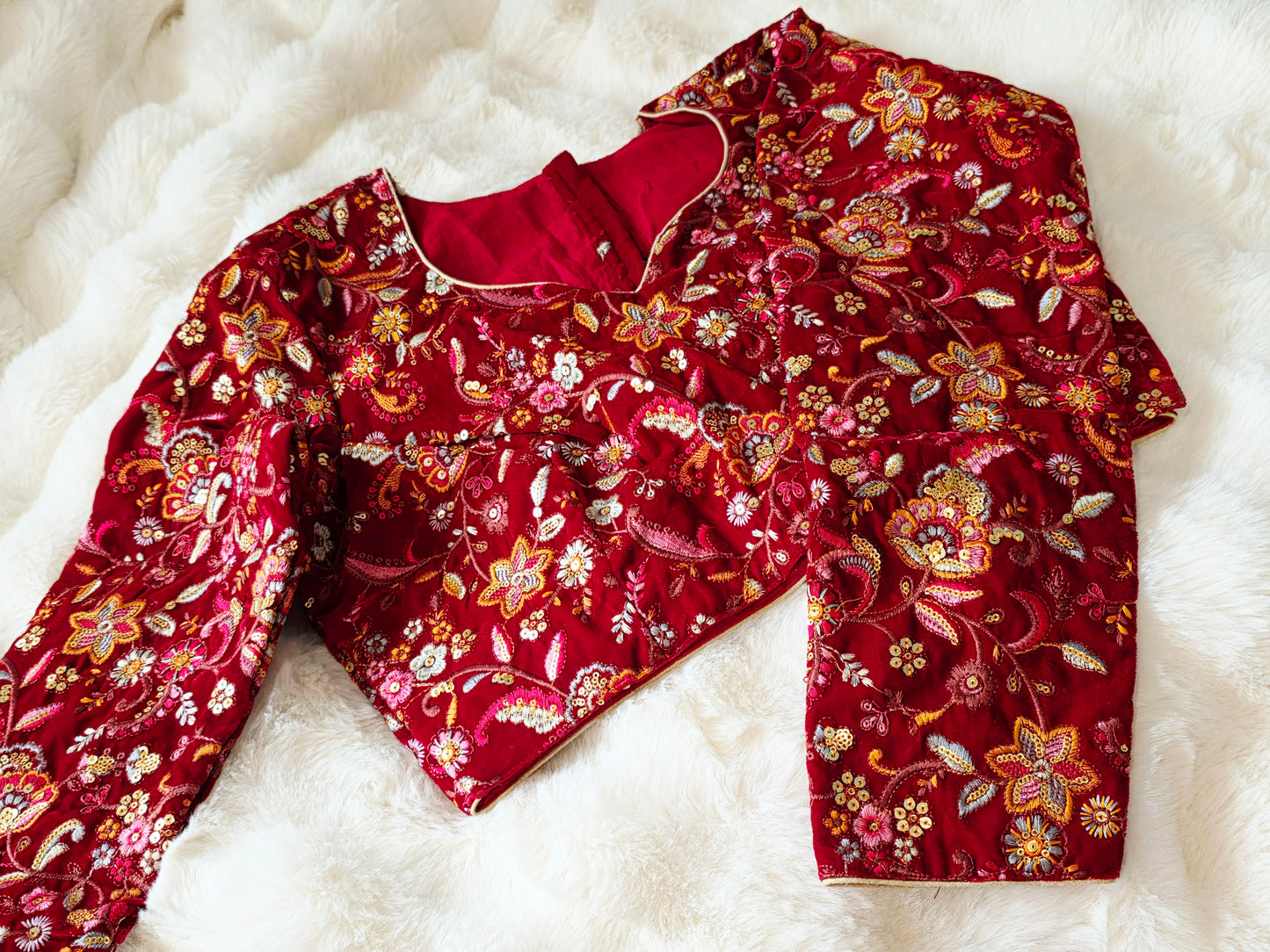 Royal Crimson Velvet Full Sleeve Embroidered Designer Blouse