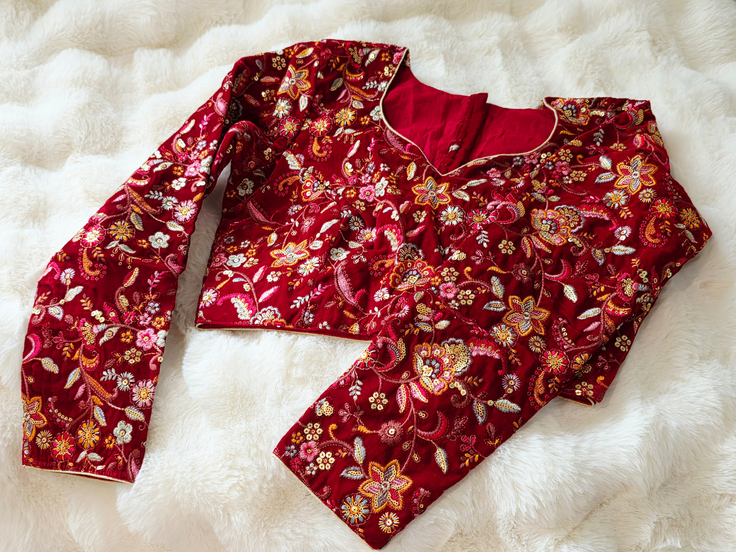 Royal Crimson Velvet Full Sleeve Embroidered Designer Blouse