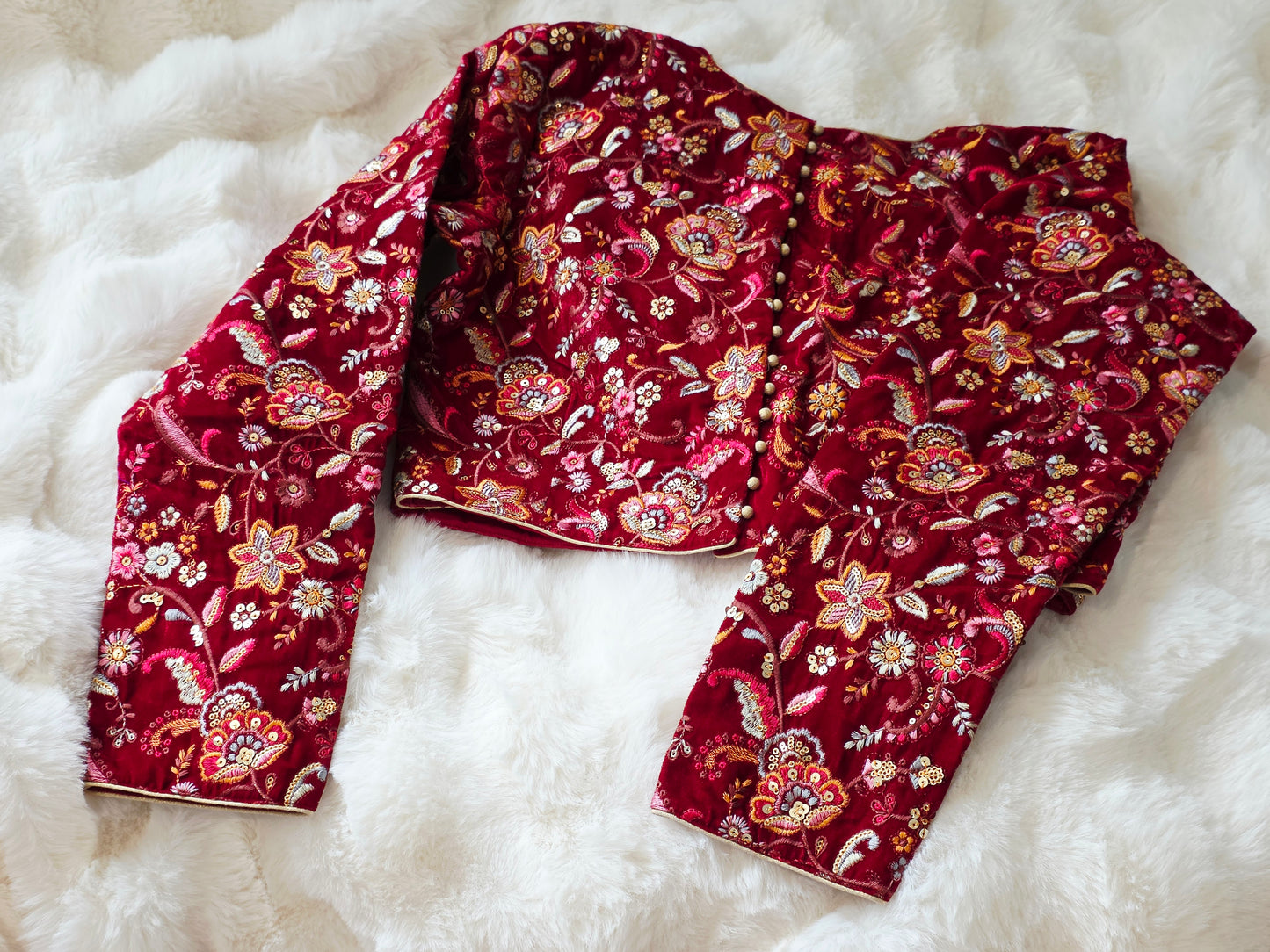 Royal Crimson Velvet Full Sleeve Embroidered Designer Blouse