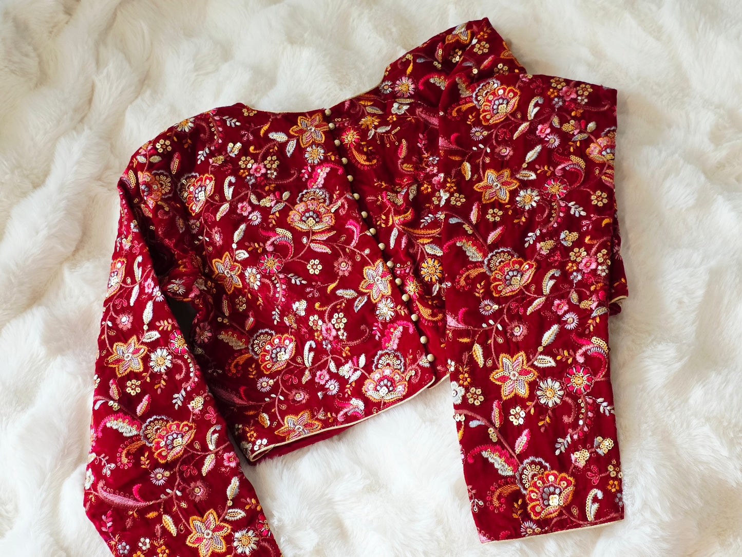 Royal Crimson Velvet Full Sleeve Embroidered Designer Blouse