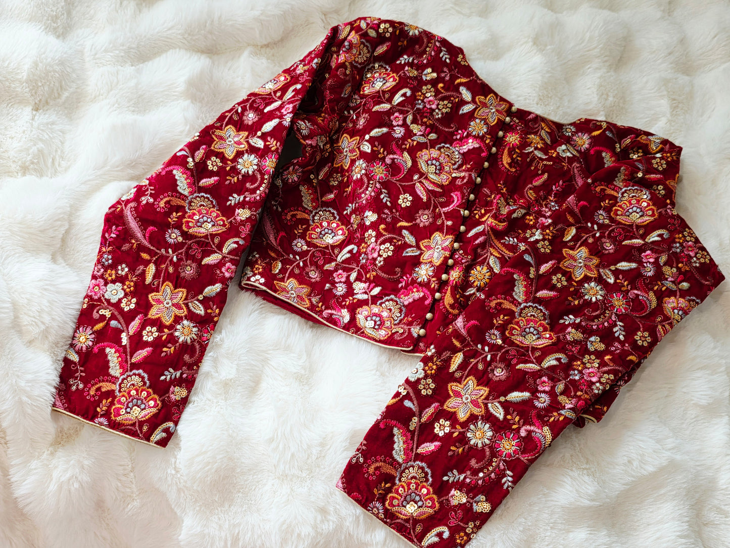 Royal Crimson Velvet Full Sleeve Embroidered Designer Blouse