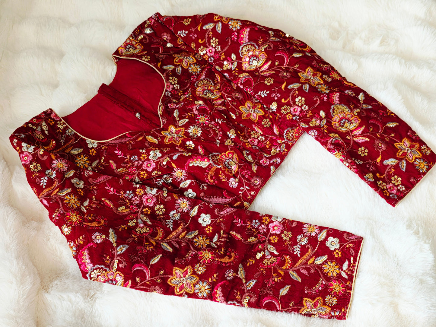 Royal Crimson Velvet Full Sleeve Embroidered Designer Blouse