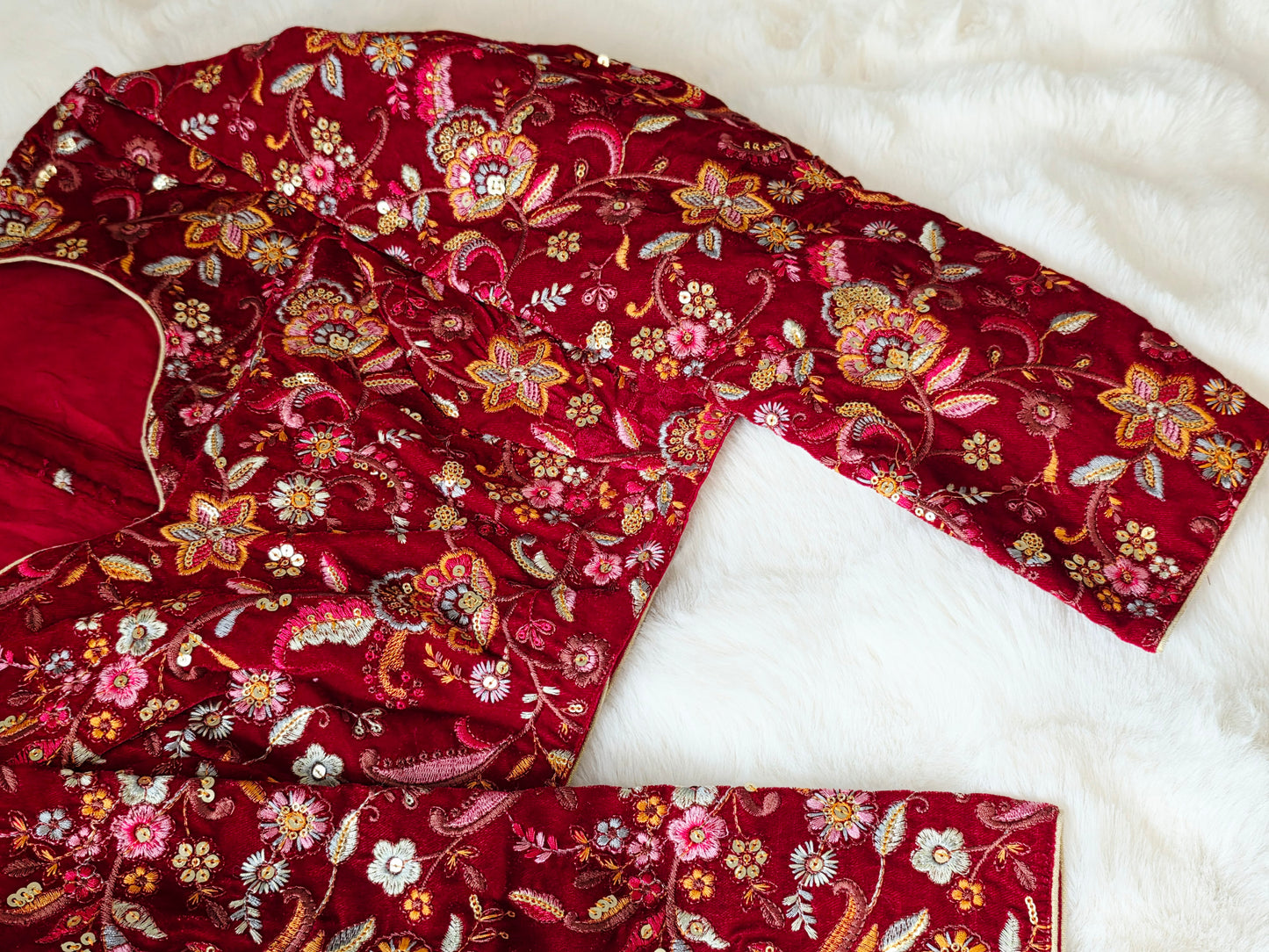 Royal Crimson Velvet Full Sleeve Embroidered Designer Blouse