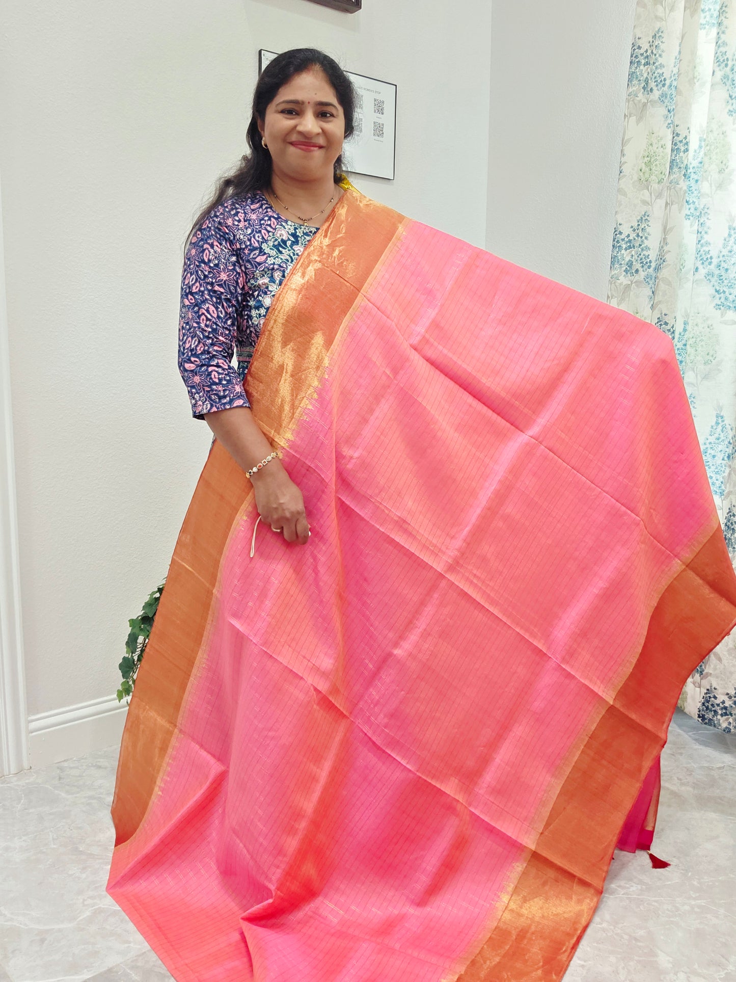 Blush Pink Pure Gadwal Handloom Soft Silk Saree with Tissue Border & Temple Design