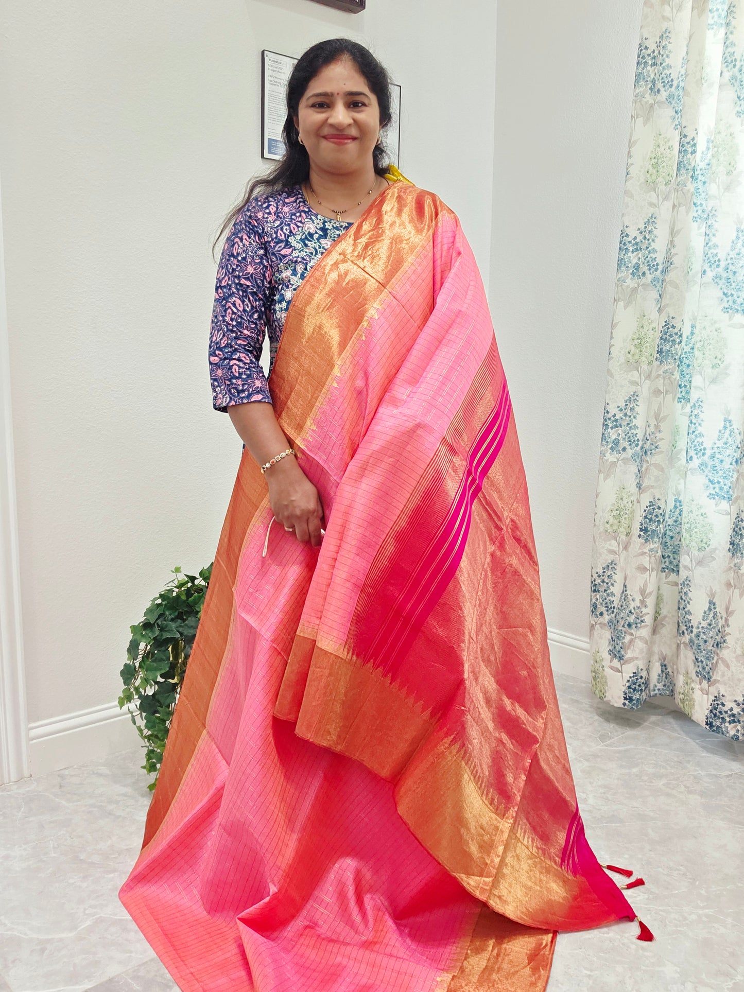 Blush Pink Pure Gadwal Handloom Soft Silk Saree with Tissue Border & Temple Design