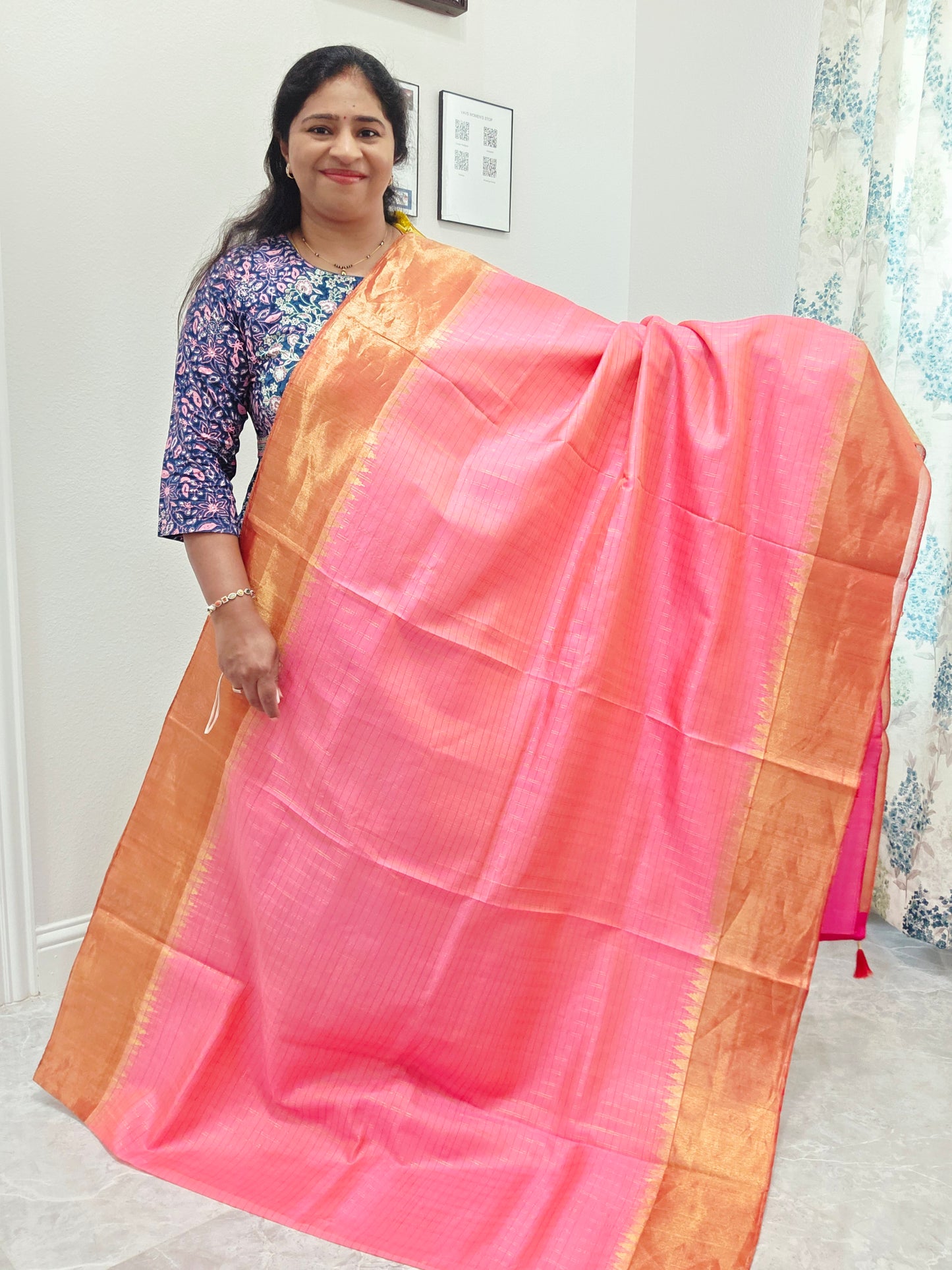 Blush Pink Pure Gadwal Handloom Soft Silk Saree with Tissue Border & Temple Design
