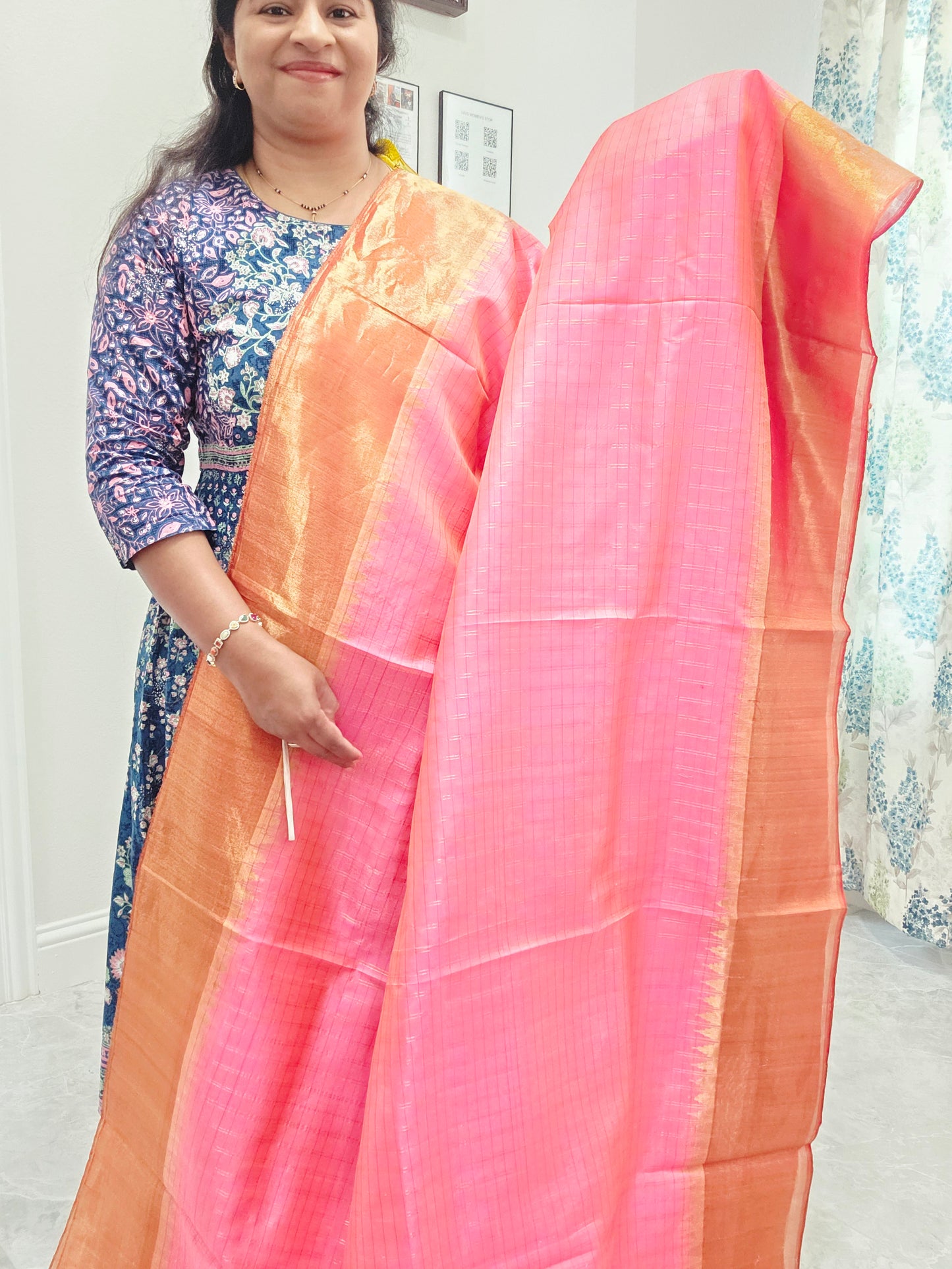 Blush Pink Pure Gadwal Handloom Soft Silk Saree with Tissue Border & Temple Design