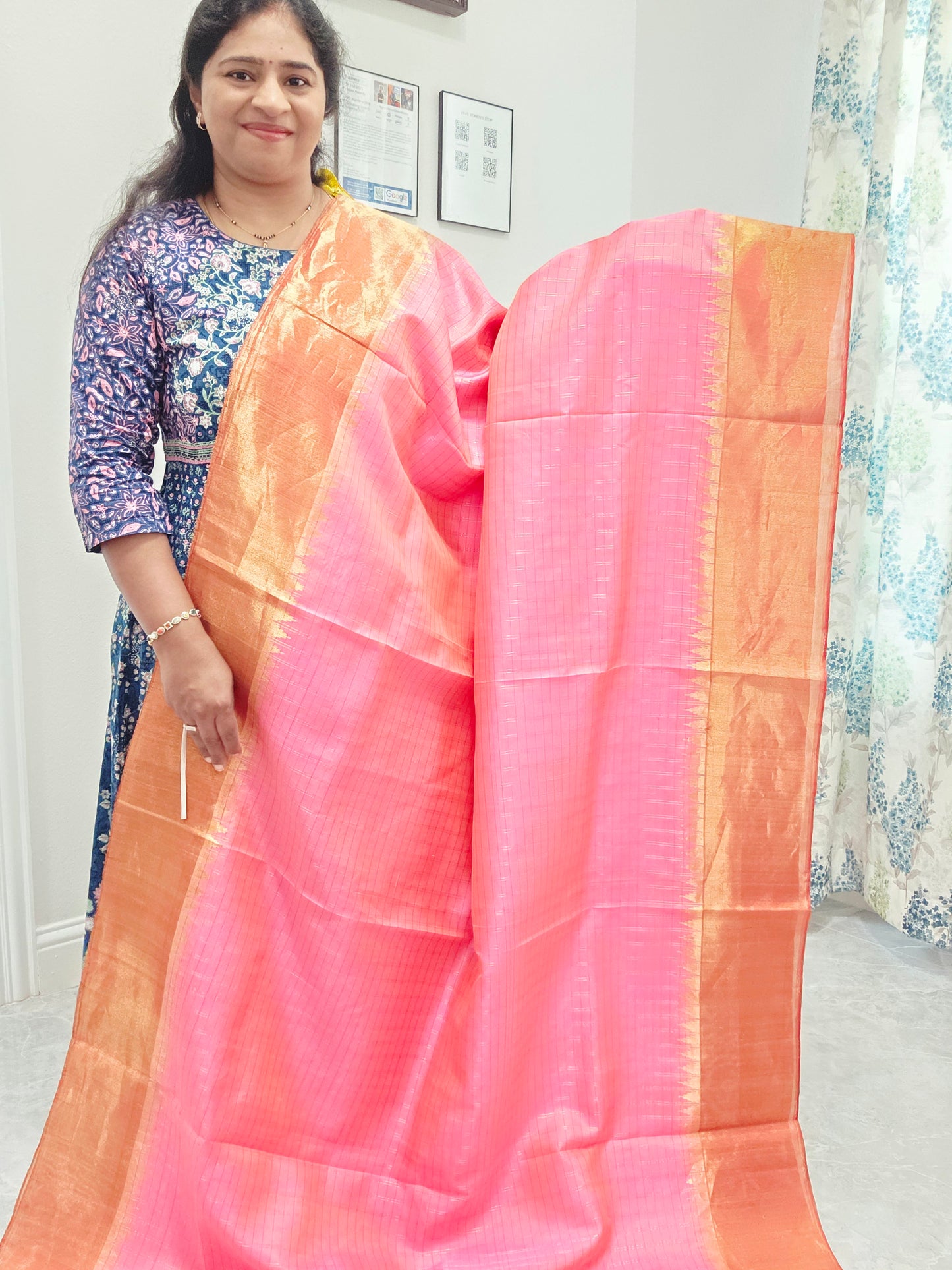 Blush Pink Pure Gadwal Handloom Soft Silk Saree with Tissue Border & Temple Design