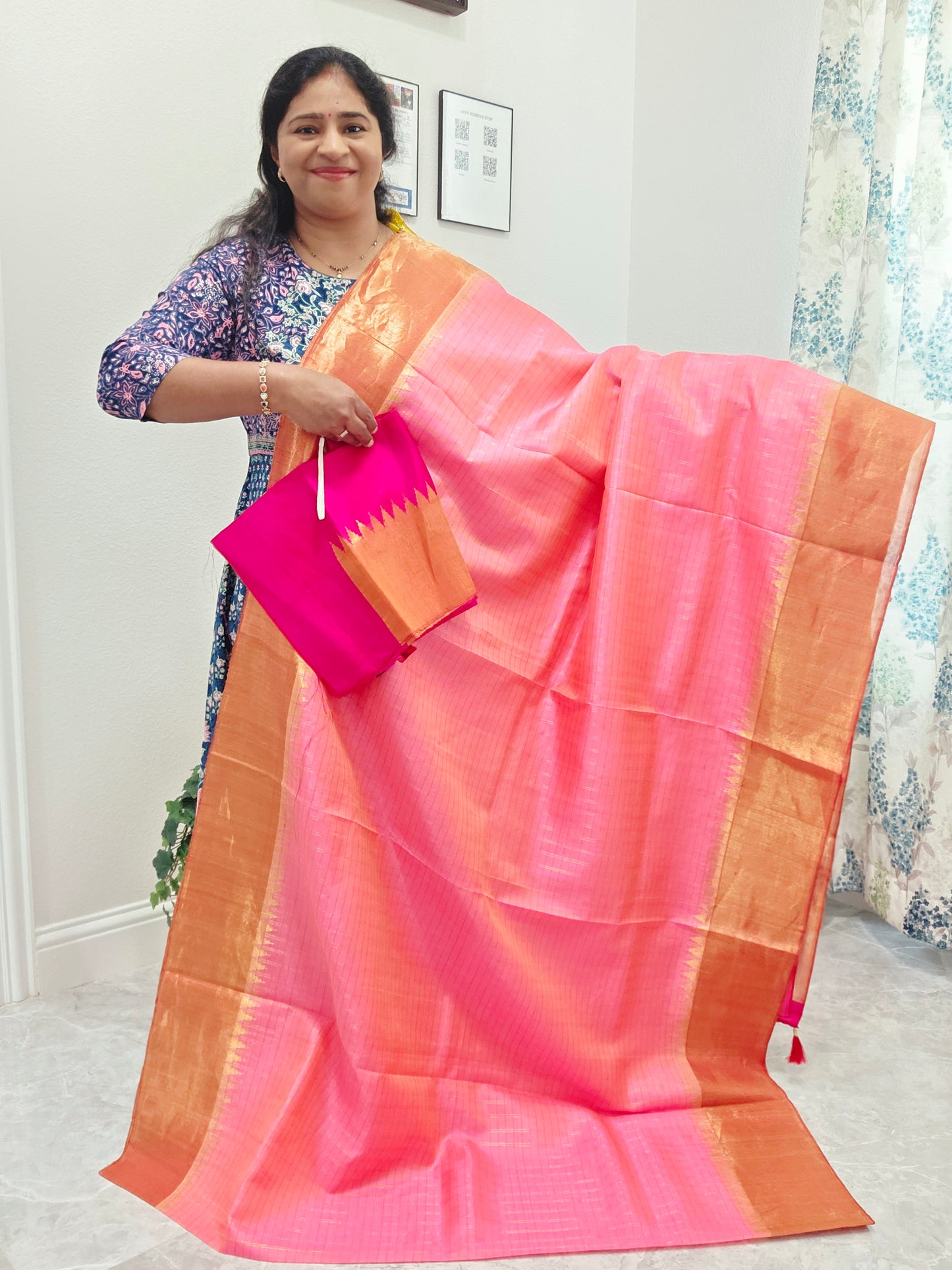 Blush Pink Pure Gadwal Handloom Soft Silk Saree with Tissue Border & Temple Design