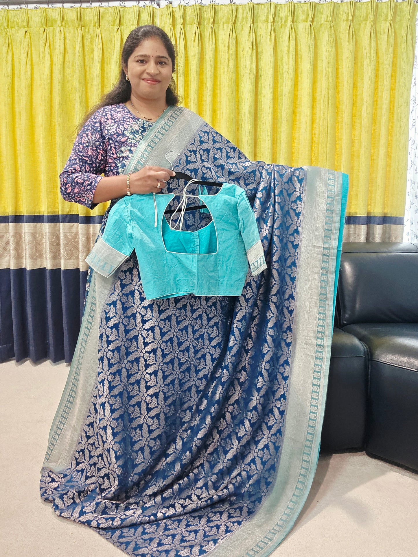 Teal Blue Viscose Georgette Saree with Stitched Blouse