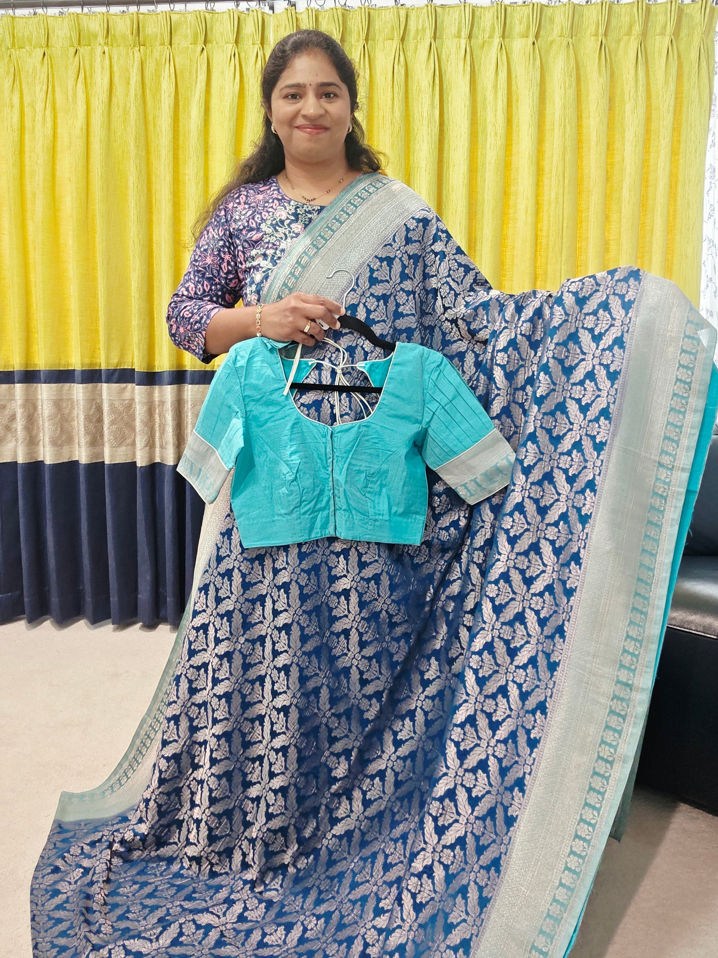 Teal Blue Viscose Georgette Saree with Stitched Blouse