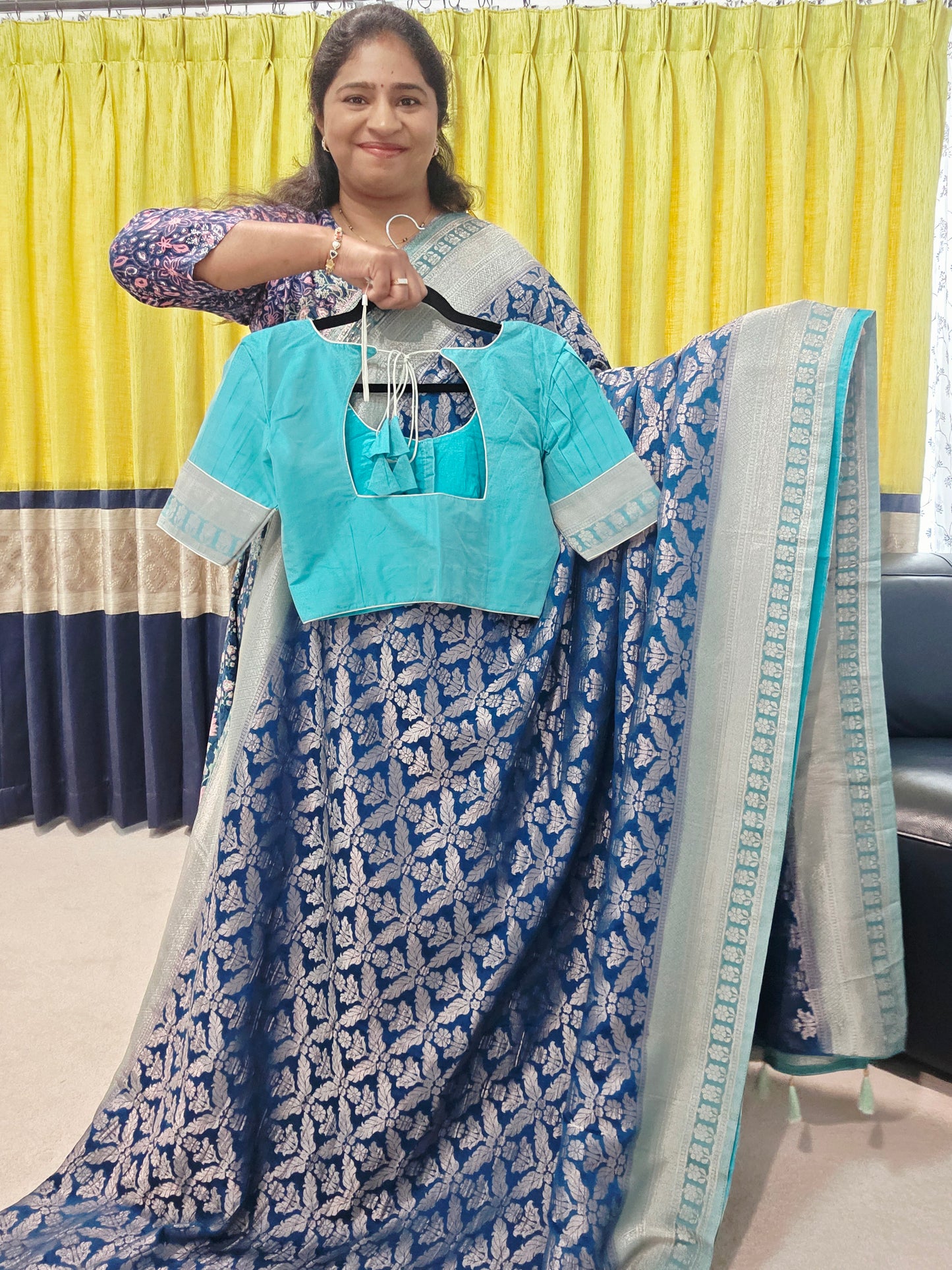 Teal Blue Viscose Georgette Saree with Stitched Blouse
