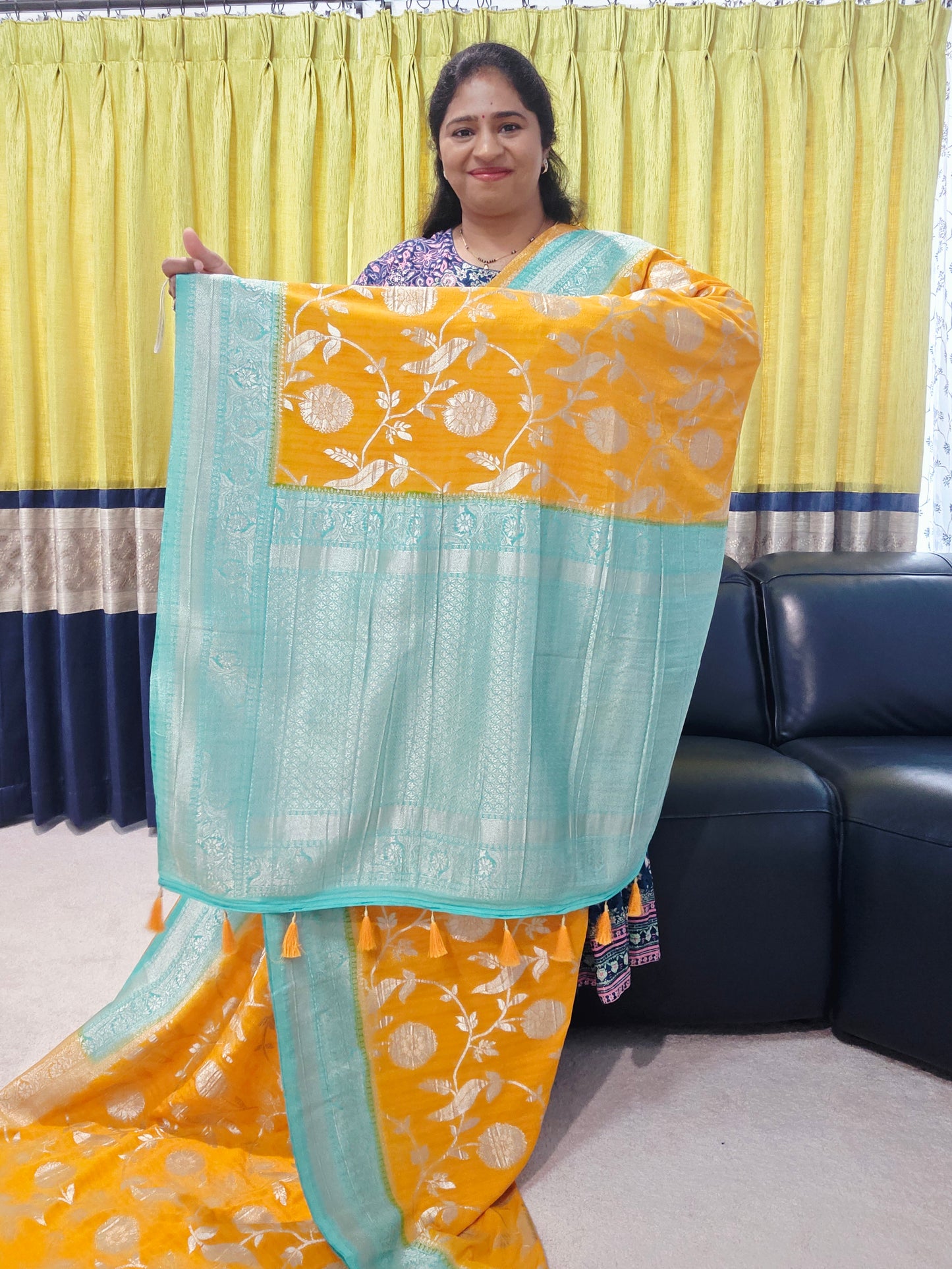 Yellow Banarasi Semi Tussar Georgette Saree with All Over Meenakari & Sea Green Border | Stitched Blouse |