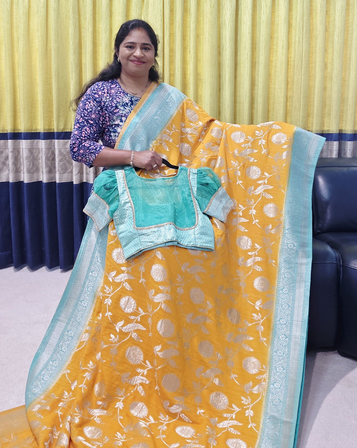 Yellow Banarasi Semi Tussar Georgette Saree with All Over Meenakari & Sea Green Border | Stitched Blouse |