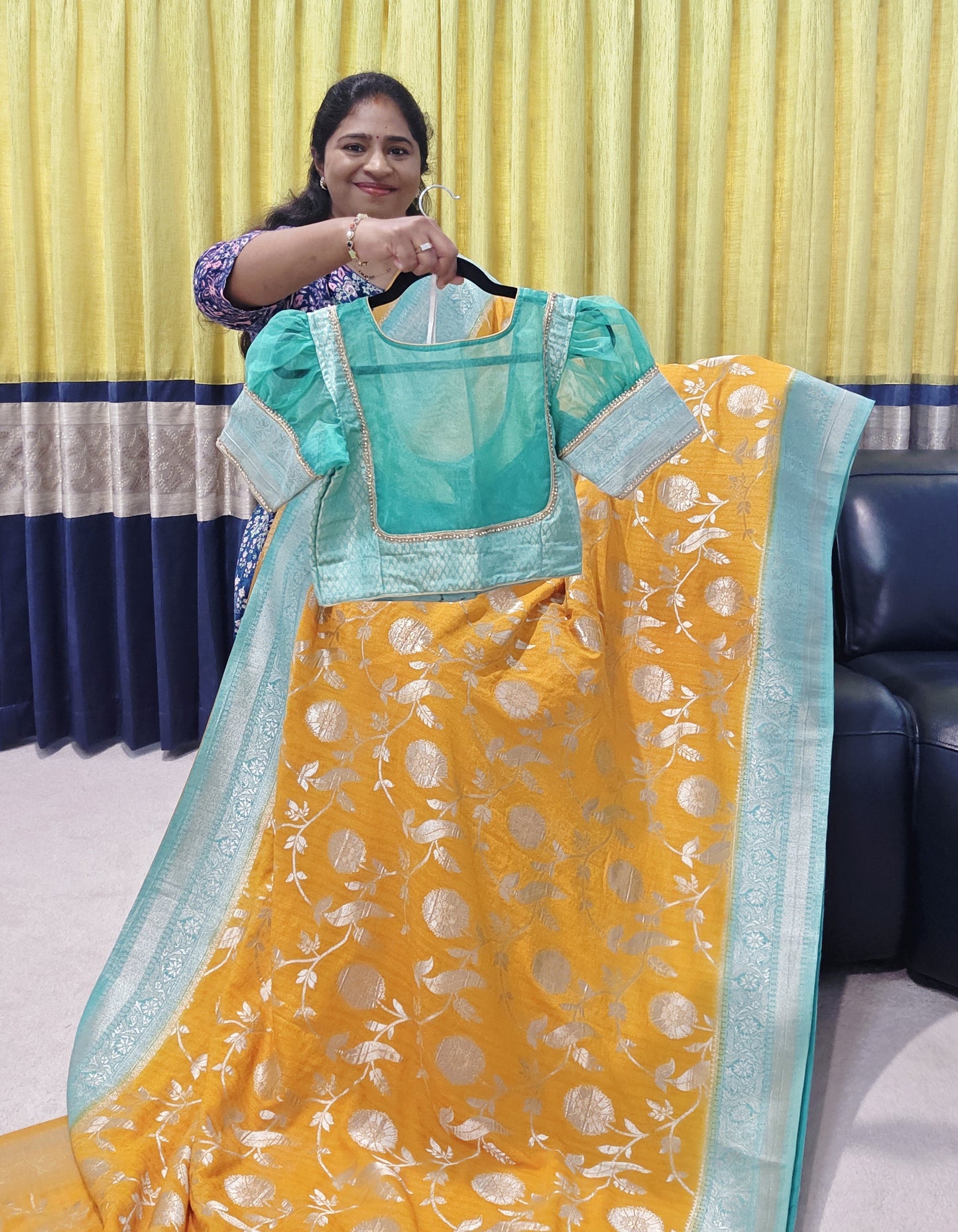 Yellow Banarasi Semi Tussar Georgette Saree with All Over Meenakari & Sea Green Border | Stitched Blouse |
