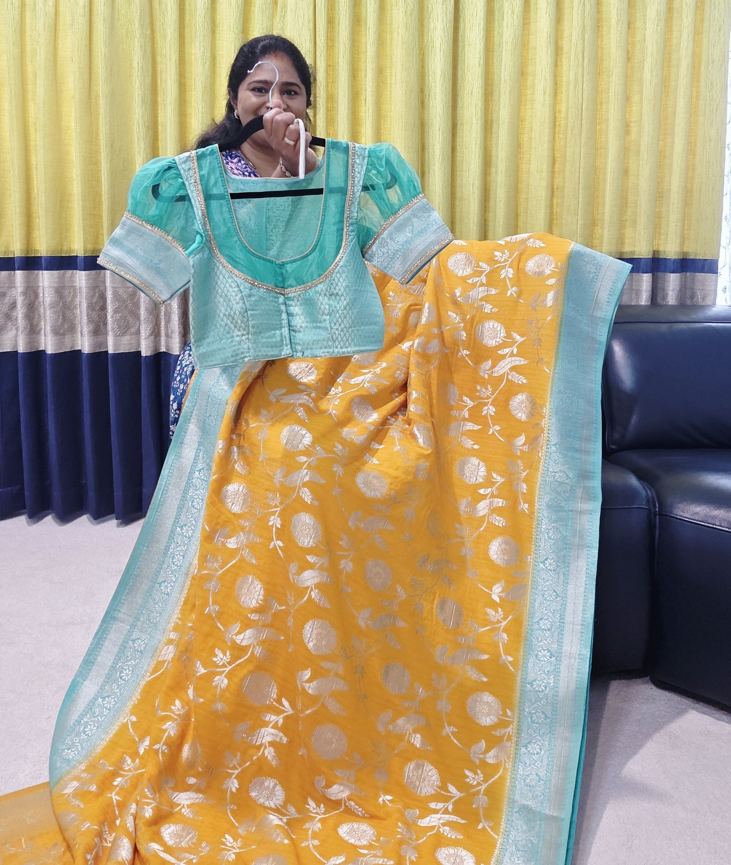 Yellow Banarasi Semi Tussar Georgette Saree with All Over Meenakari & Sea Green Border | Stitched Blouse |