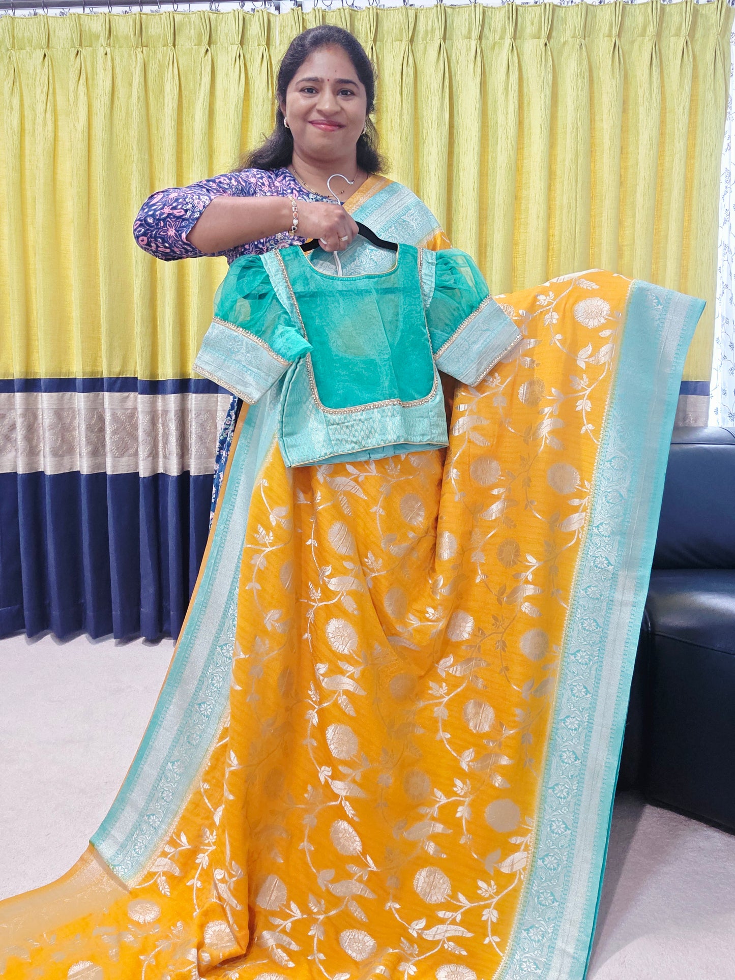 Yellow Banarasi Semi Tussar Georgette Saree with All Over Meenakari & Sea Green Border | Stitched Blouse |