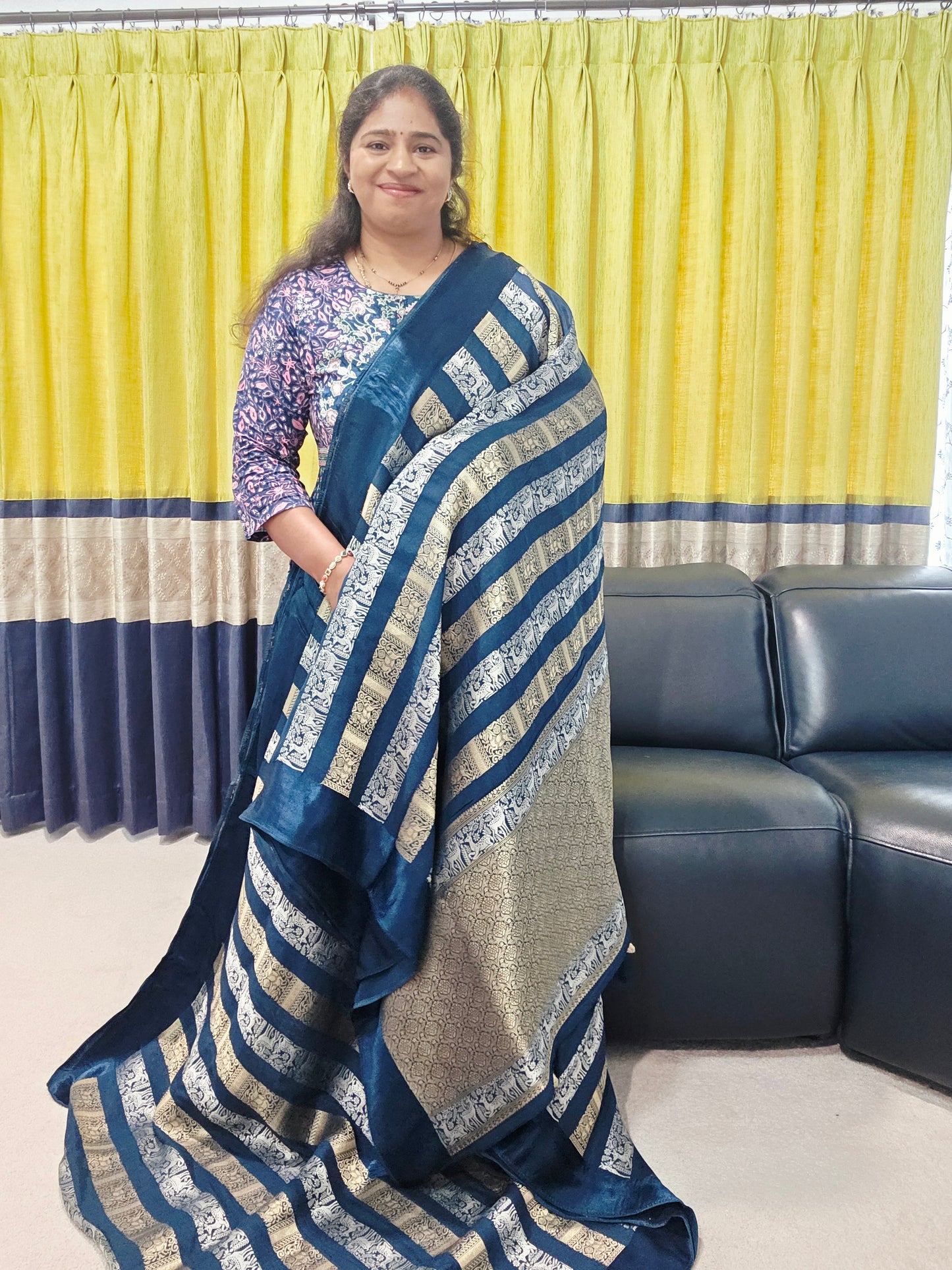 Nita Ambani Inspired Russian Dola Crepe Silk Saree with Ready Stitched Blouse | Navy Blue