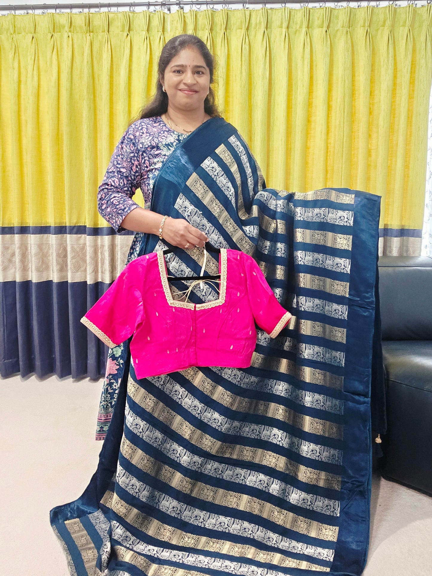 Nita Ambani Inspired Russian Dola Crepe Silk Saree with Ready Stitched Blouse | Navy Blue