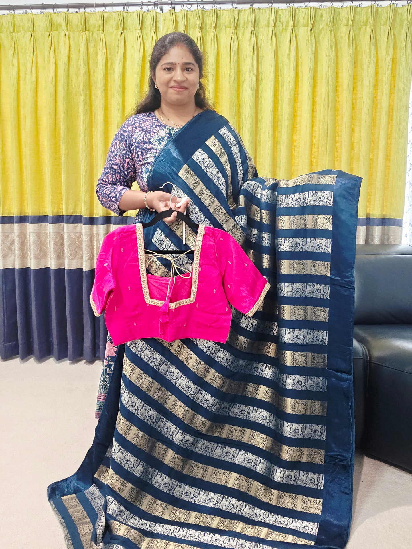 Nita Ambani Inspired Russian Dola Crepe Silk Saree with Ready Stitched Blouse | Navy Blue