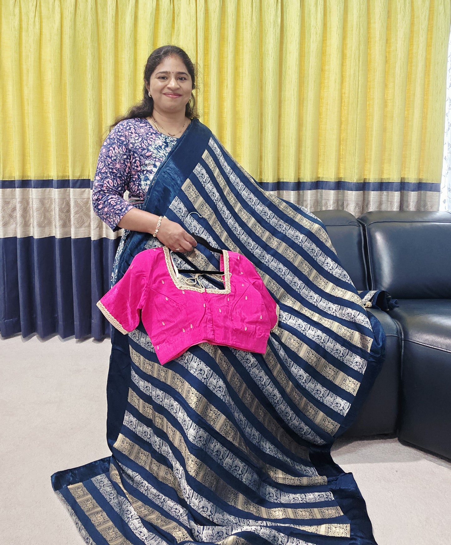 Nita Ambani Inspired Russian Dola Crepe Silk Saree with Ready Stitched Blouse | Navy Blue