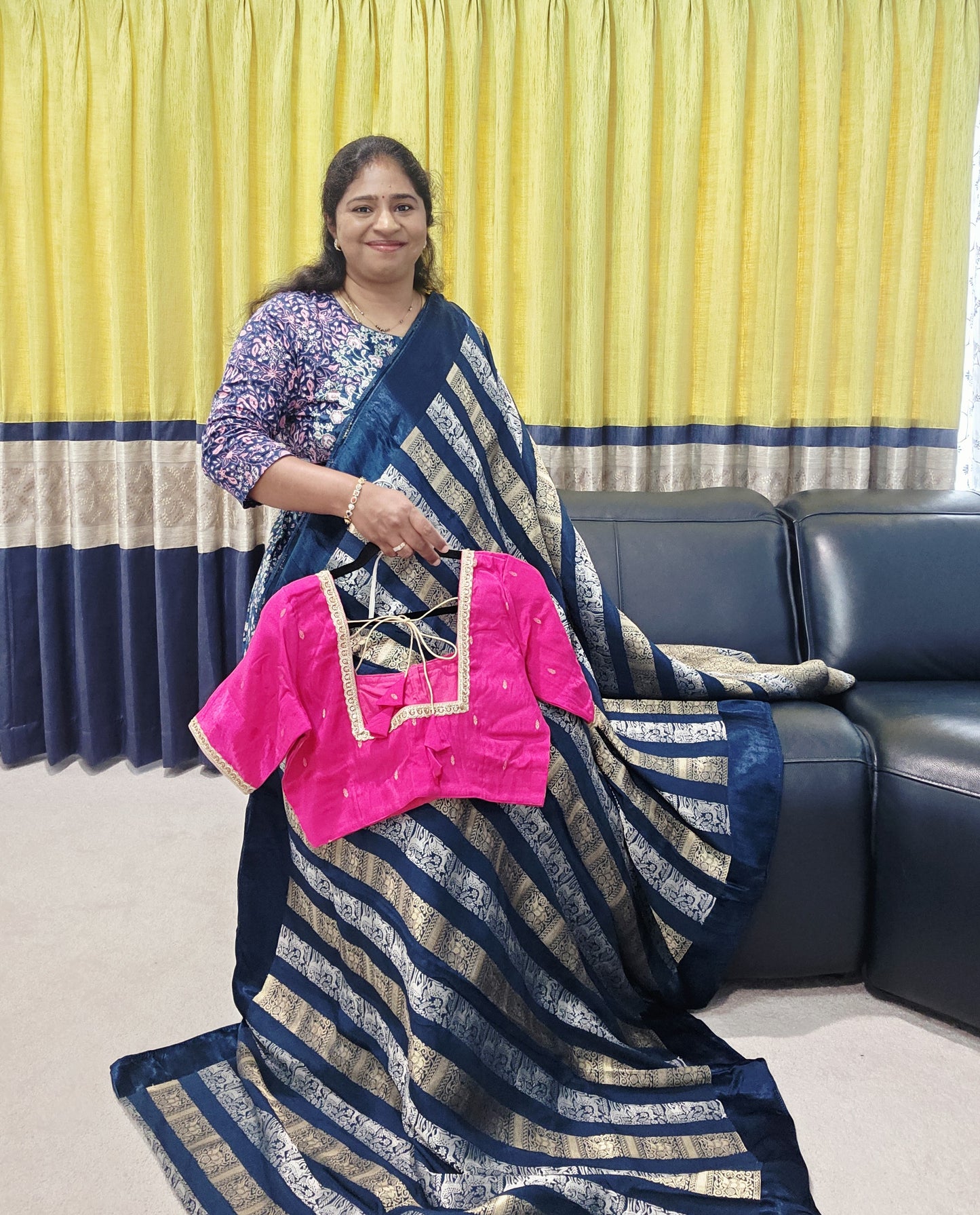 Nita Ambani Inspired Russian Dola Crepe Silk Saree with Ready Stitched Blouse | Navy Blue