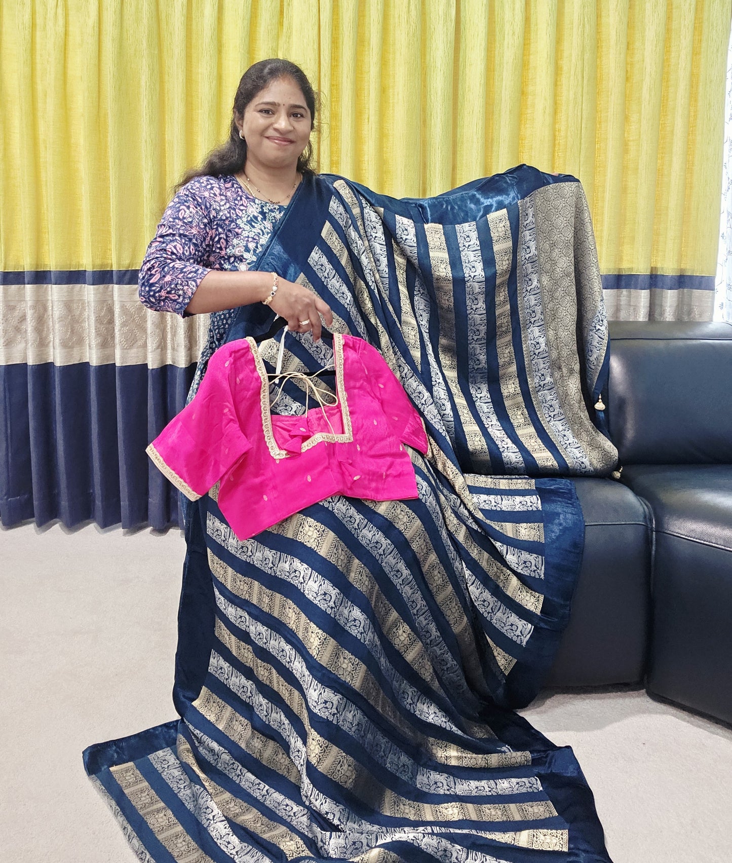 Nita Ambani Inspired Russian Dola Crepe Silk Saree with Ready Stitched Blouse | Navy Blue