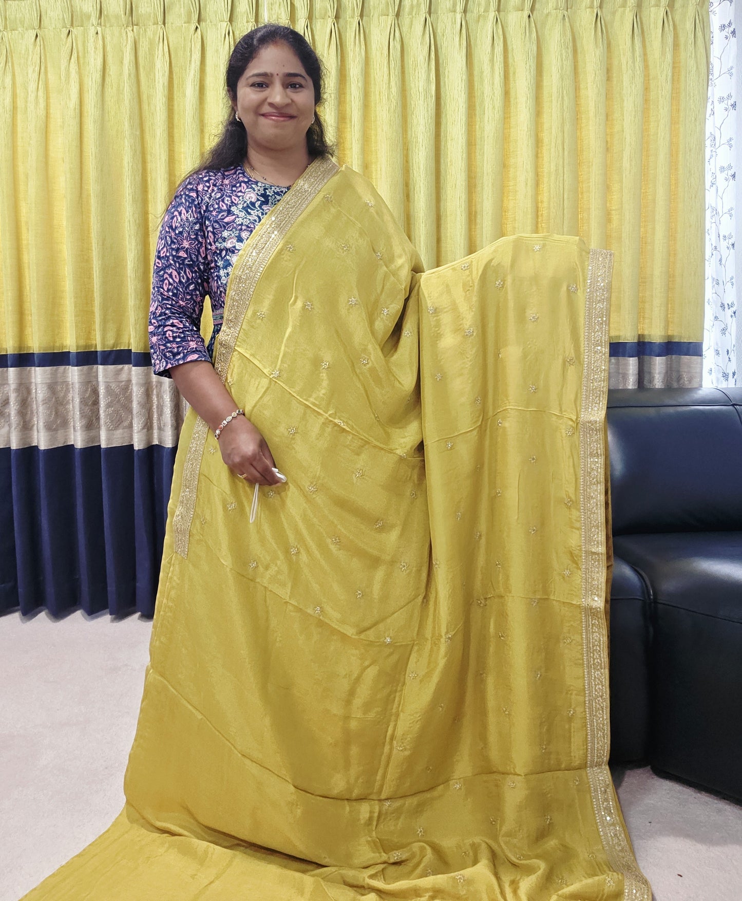 Olive Yellow Sabyasachi Inspired Designer Viscose Crepe Silk Saree with Floral Blouse