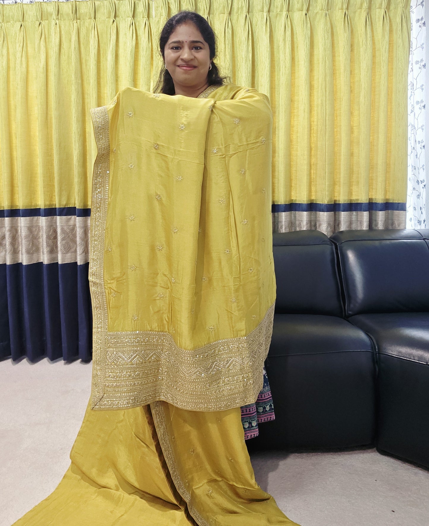 Olive Yellow Sabyasachi Inspired Designer Viscose Crepe Silk Saree with Floral Blouse