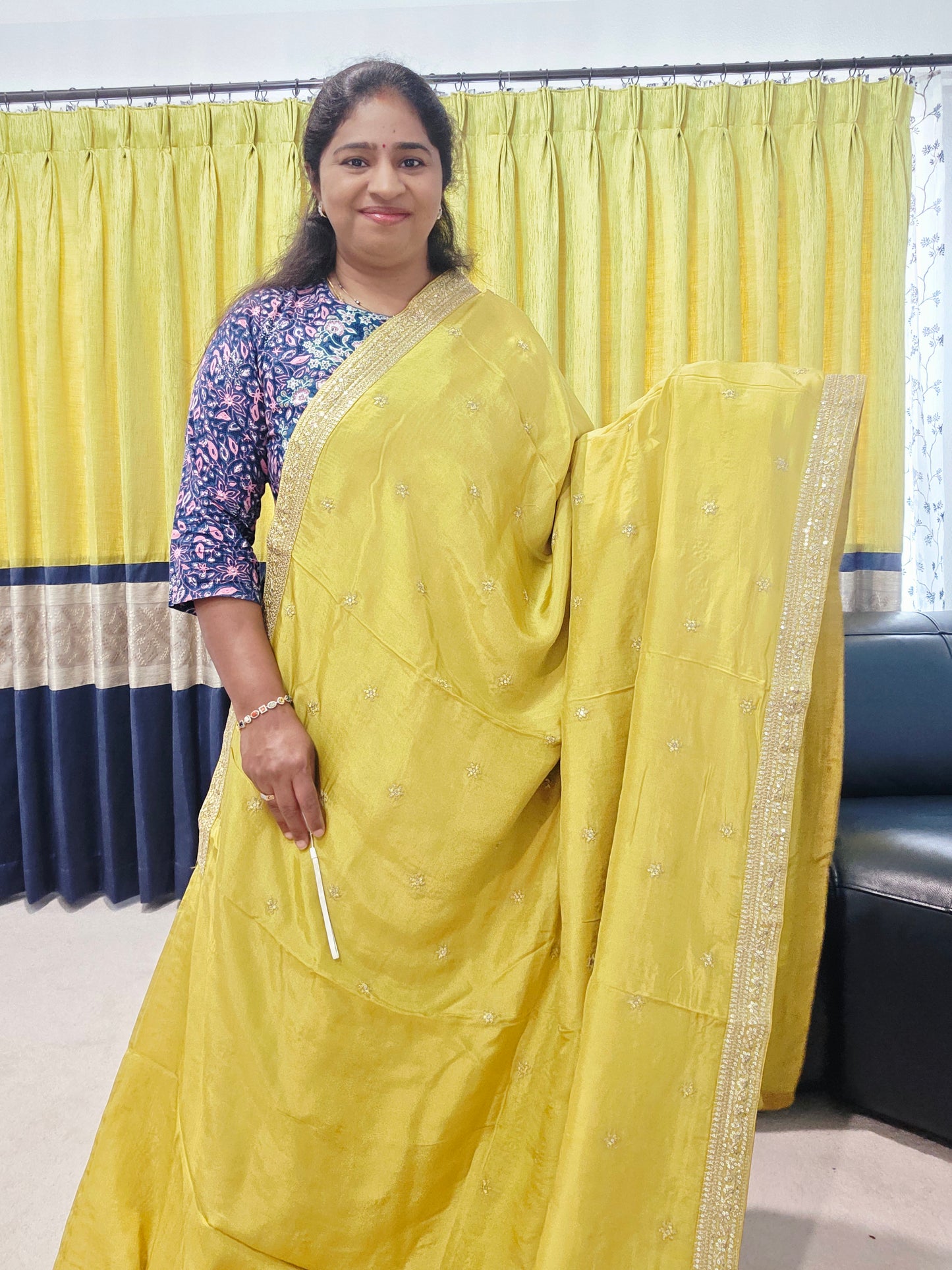 Olive Yellow Sabyasachi Inspired Designer Viscose Crepe Silk Saree with Floral Blouse