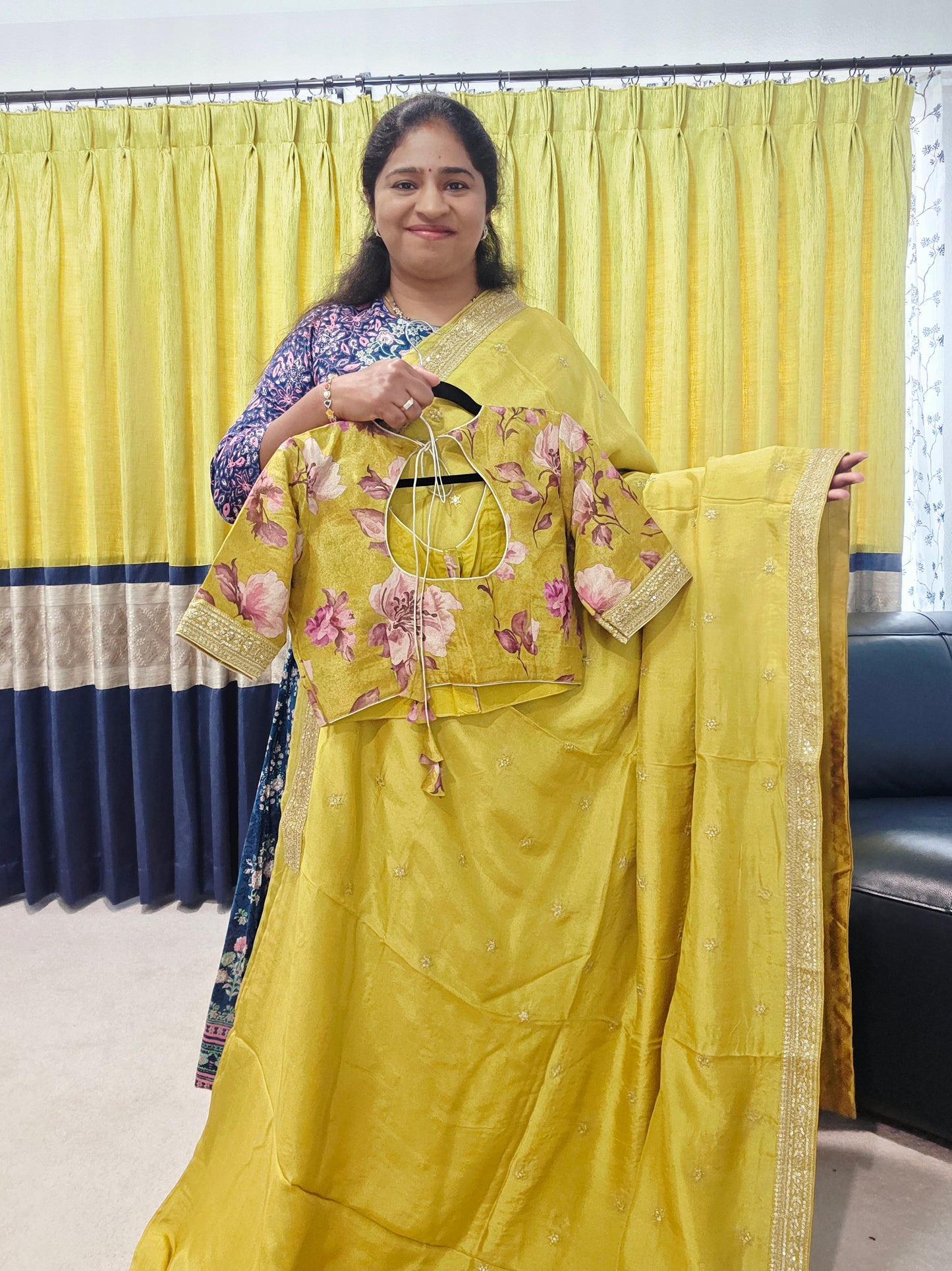 Olive Yellow Sabyasachi Inspired Designer Viscose Crepe Silk Saree with Floral Blouse