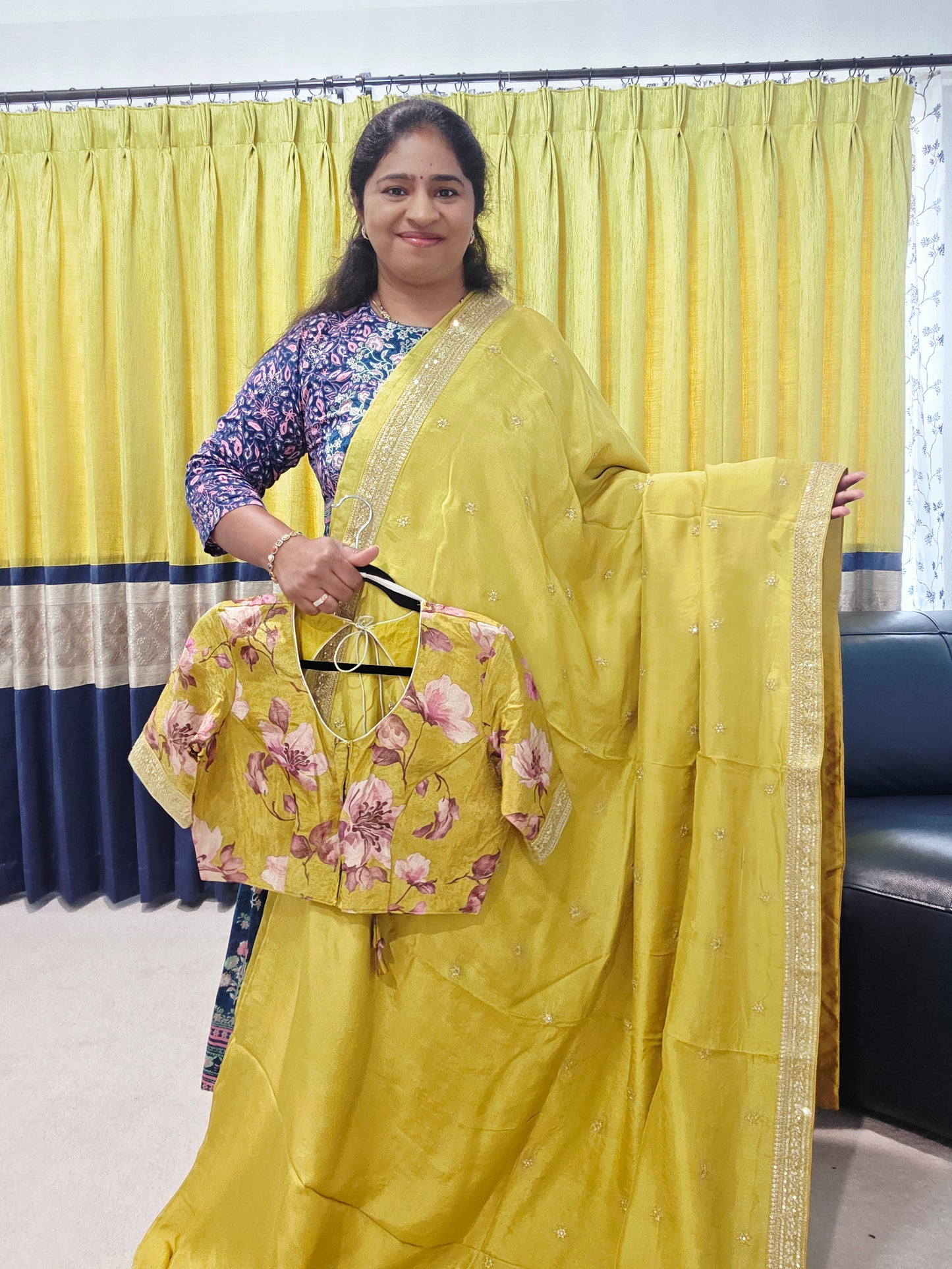Olive Yellow Sabyasachi Inspired Designer Viscose Crepe Silk Saree with Floral Blouse