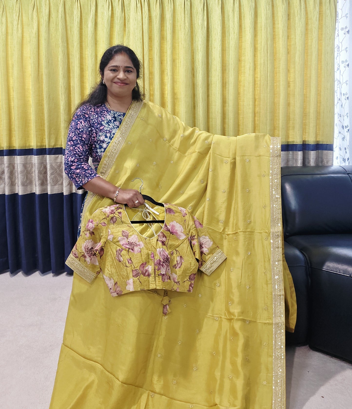 Olive Yellow Sabyasachi Inspired Designer Viscose Crepe Silk Saree with Floral Blouse