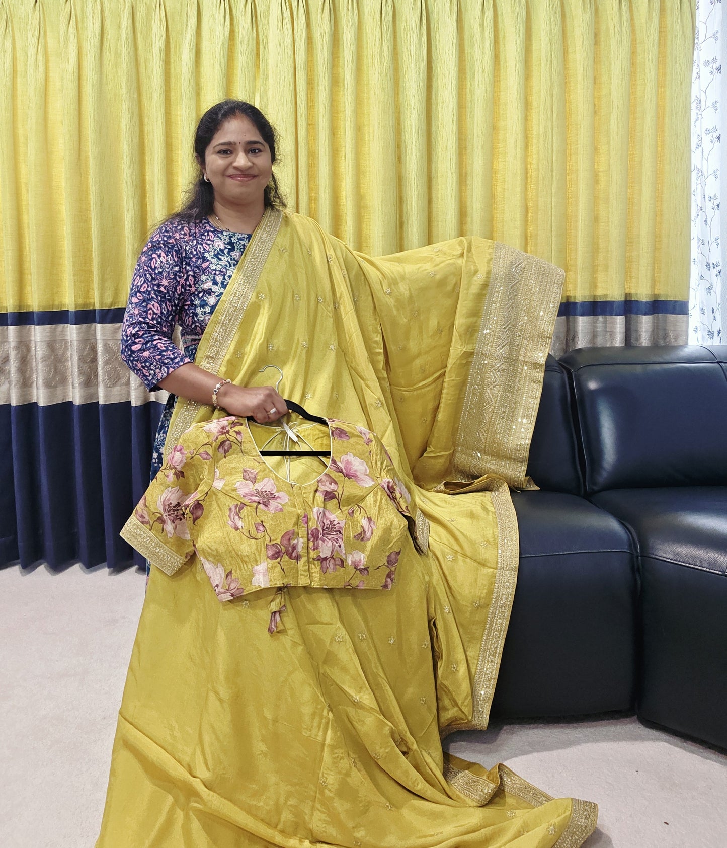 Olive Yellow Sabyasachi Inspired Designer Viscose Crepe Silk Saree with Floral Blouse