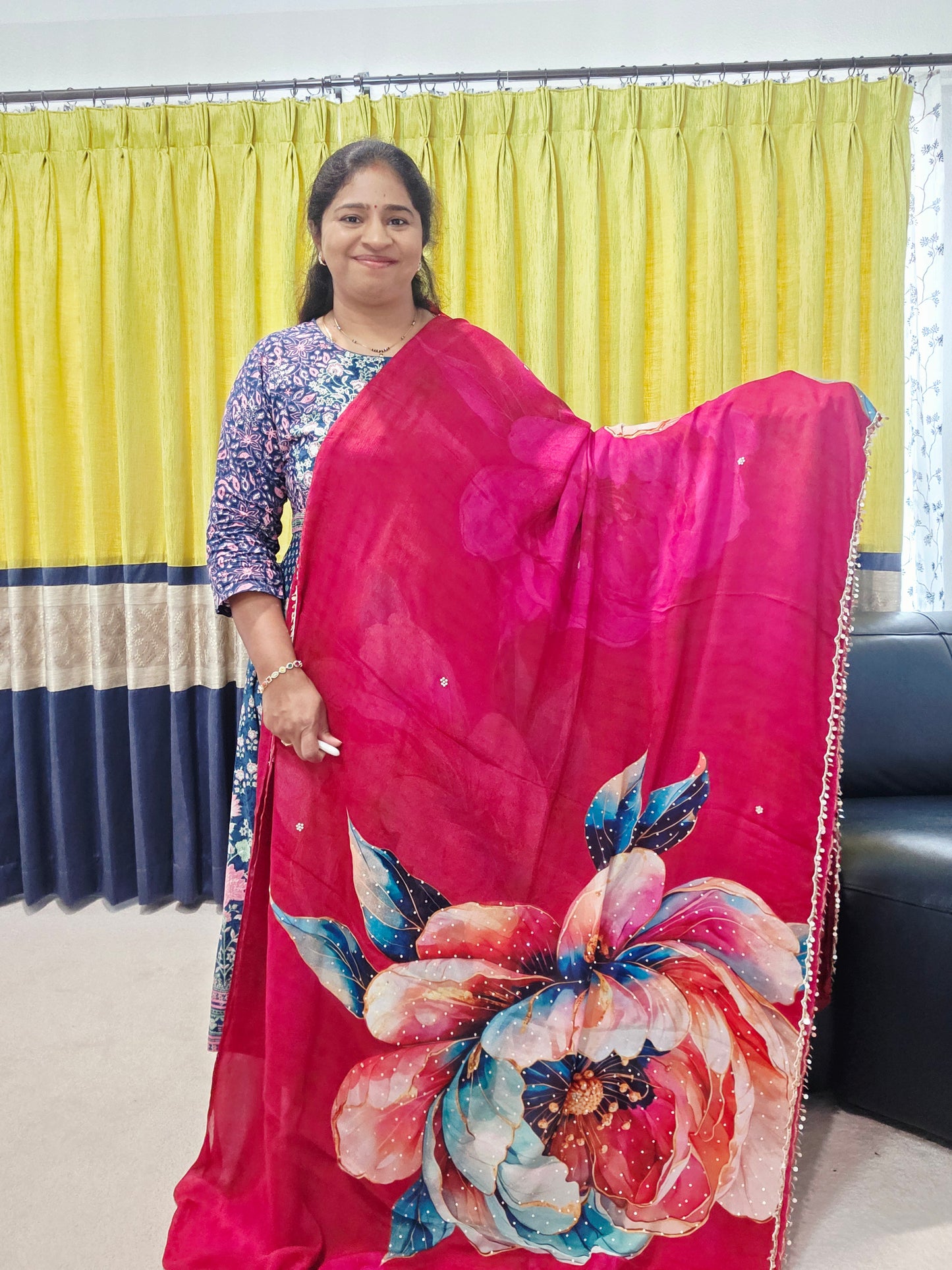 Crimson Bloom Luxe Soft Crepe Georgette Floral Saree with Sequins & Scalloped Border – Stitched Blouse Set