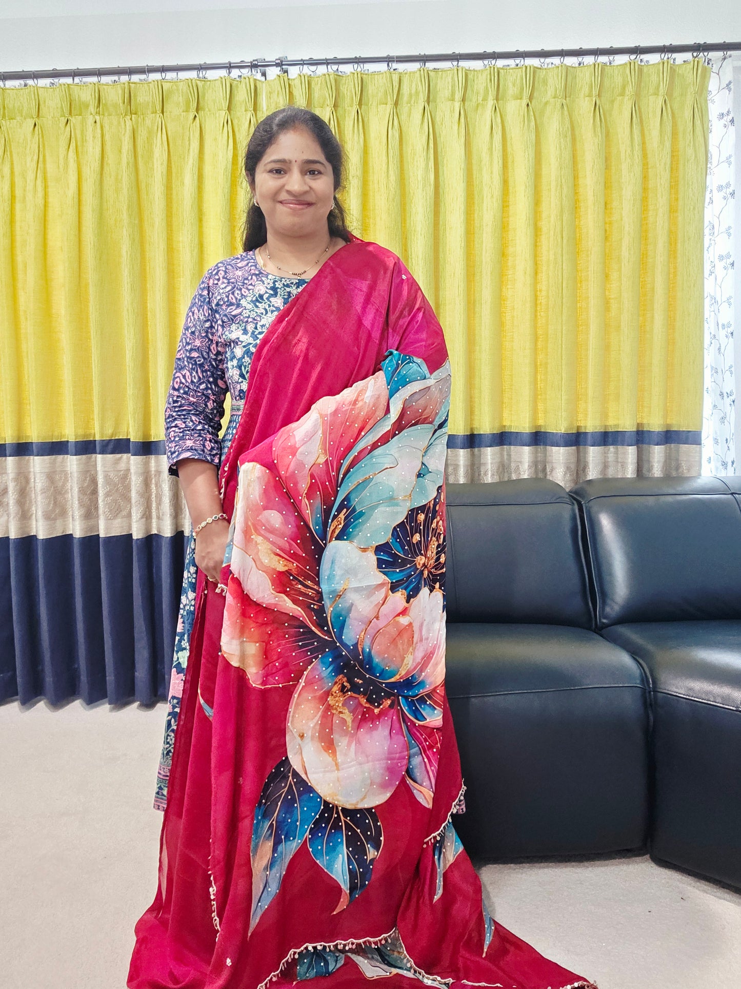Crimson Bloom Luxe Soft Crepe Georgette Floral Saree with Sequins & Scalloped Border – Stitched Blouse Set