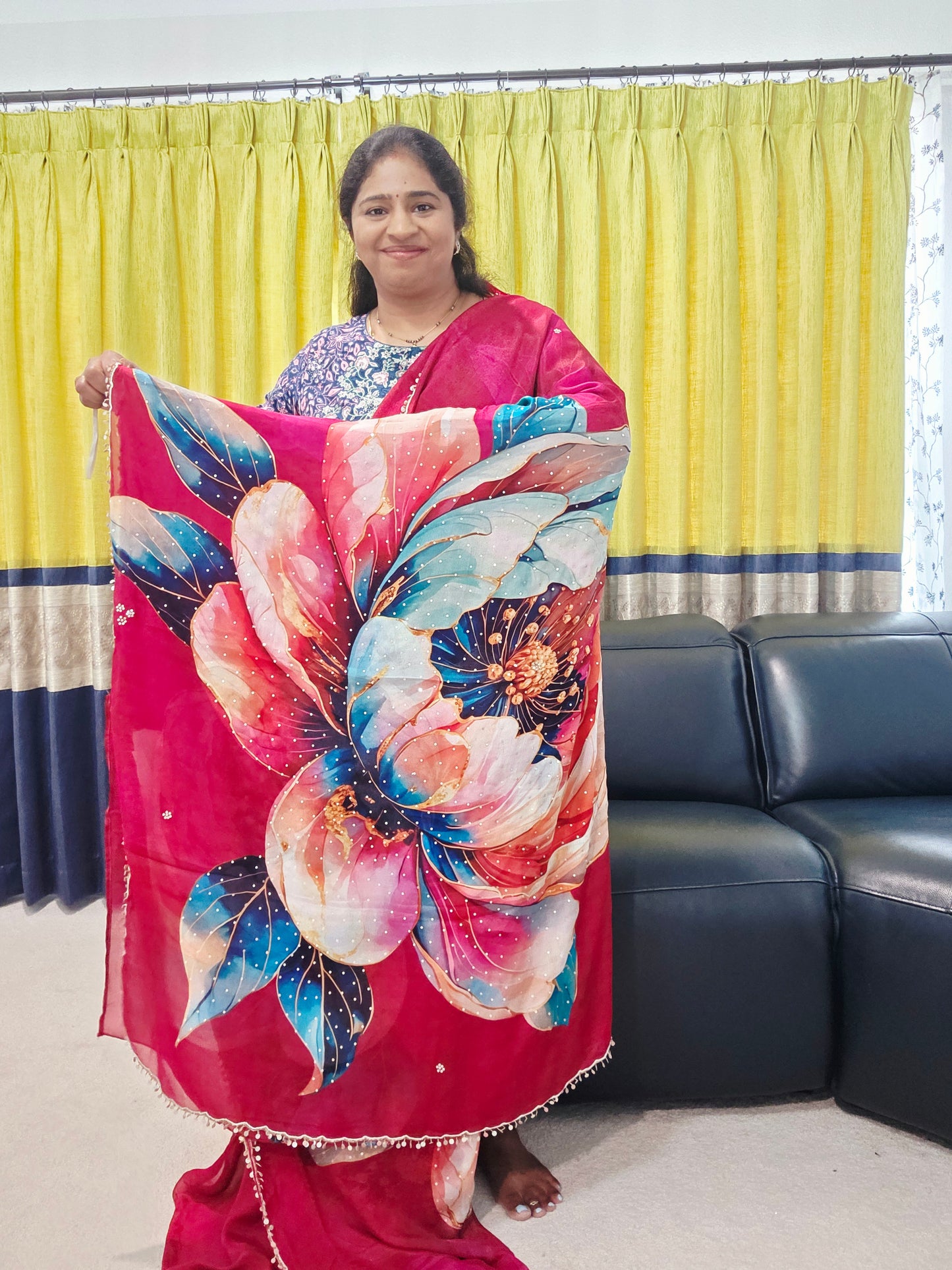 Crimson Bloom Luxe Soft Crepe Georgette Floral Saree with Sequins & Scalloped Border – Stitched Blouse Set