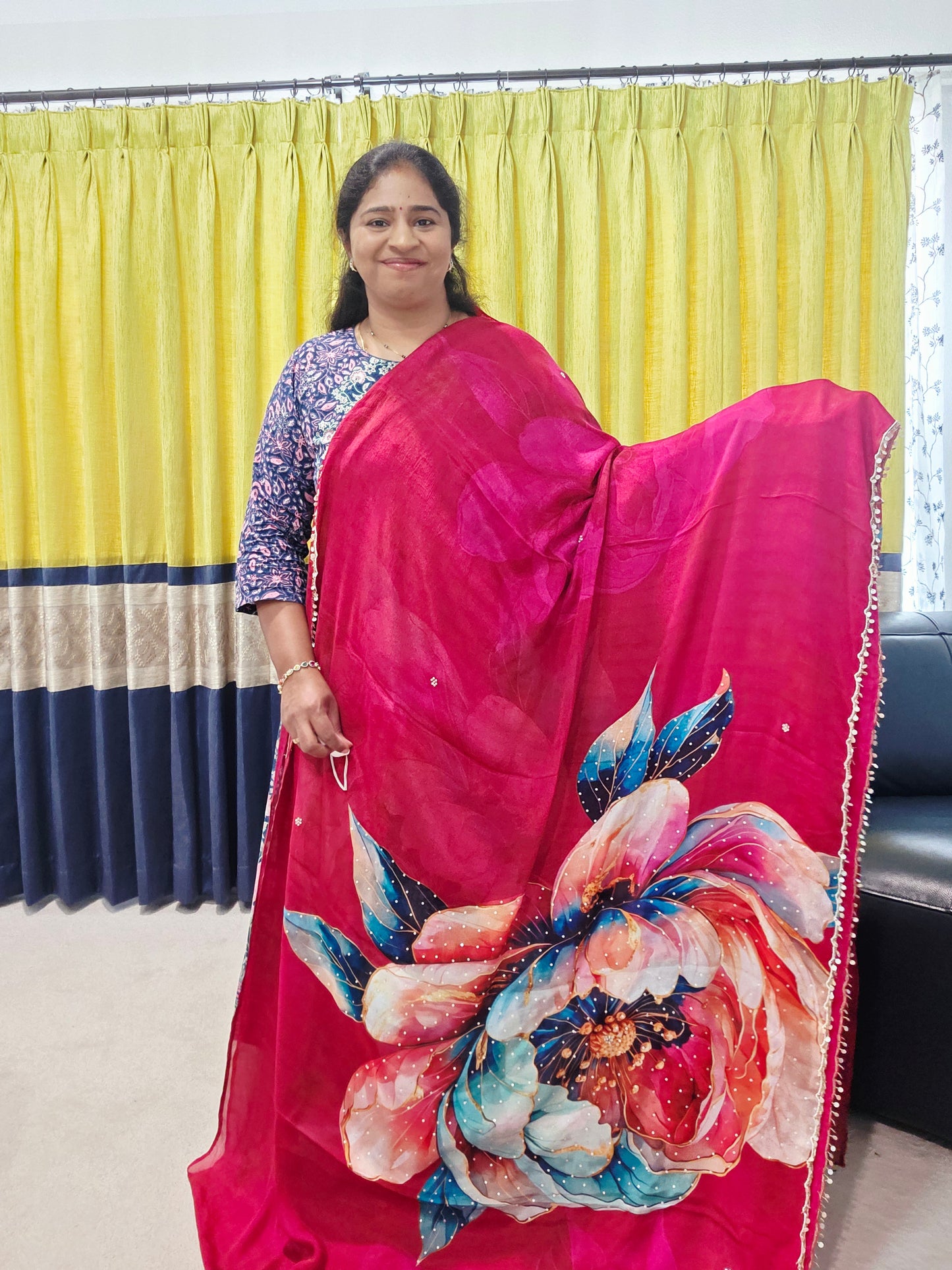 Crimson Bloom Luxe Soft Crepe Georgette Floral Saree with Sequins & Scalloped Border – Stitched Blouse Set