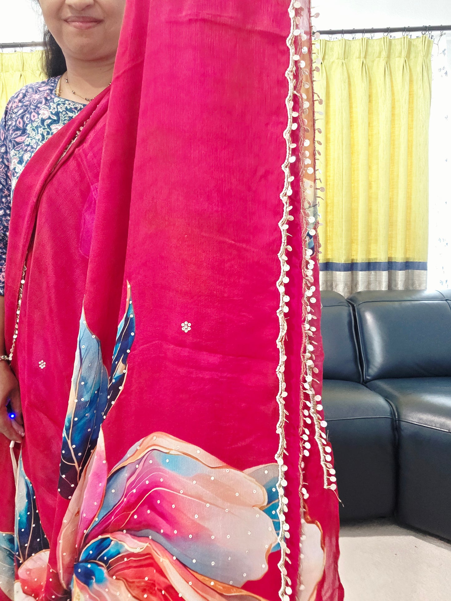 Crimson Bloom Luxe Soft Crepe Georgette Floral Saree with Sequins & Scalloped Border – Stitched Blouse Set