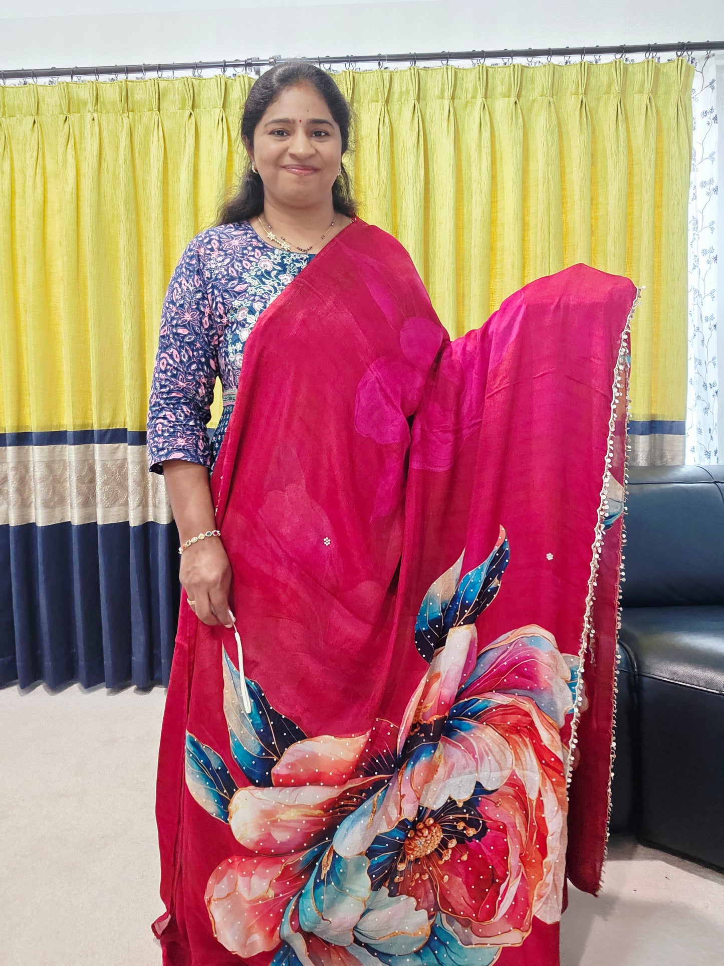 Crimson Bloom Luxe Soft Crepe Georgette Floral Saree with Sequins & Scalloped Border – Stitched Blouse Set
