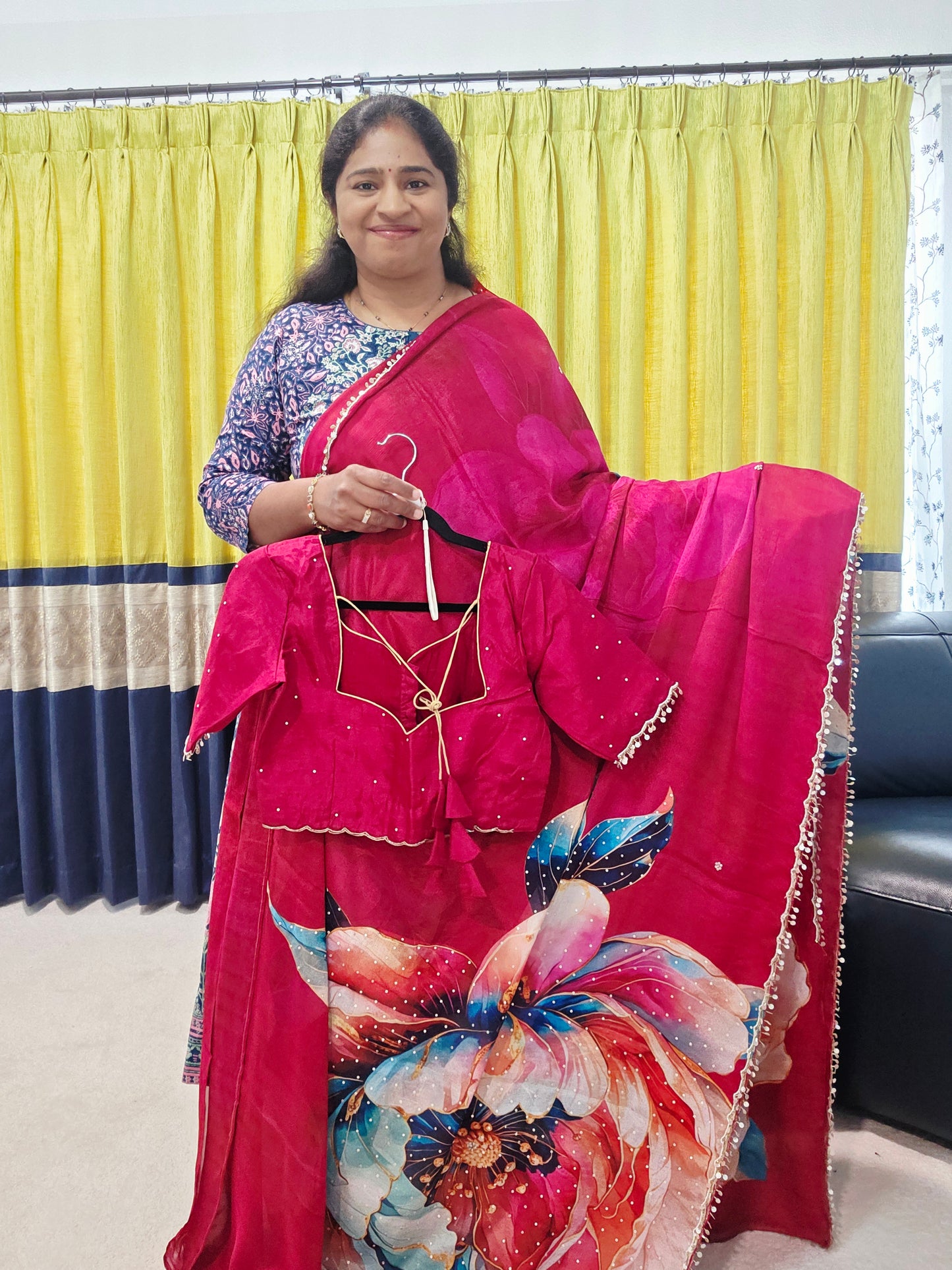 Crimson Bloom Luxe Soft Crepe Georgette Floral Saree with Sequins & Scalloped Border – Stitched Blouse Set