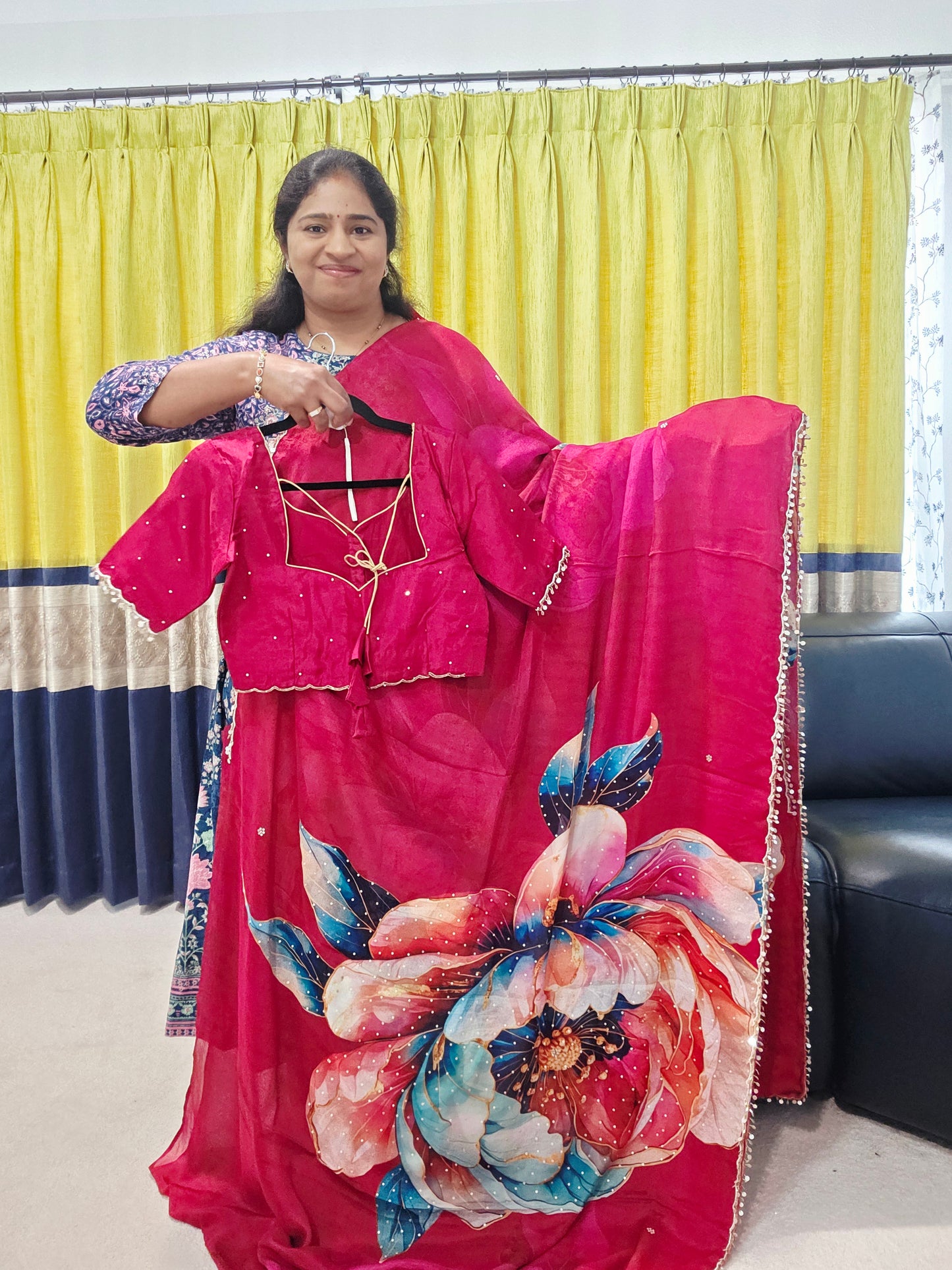 Crimson Bloom Luxe Soft Crepe Georgette Floral Saree with Sequins & Scalloped Border – Stitched Blouse Set