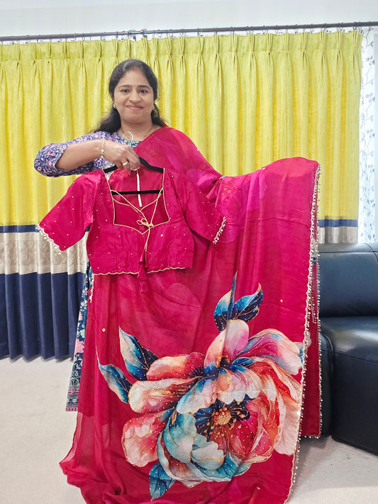 Crimson Bloom Luxe Soft Crepe Georgette Floral Saree with Sequins & Scalloped Border – Stitched Blouse Set