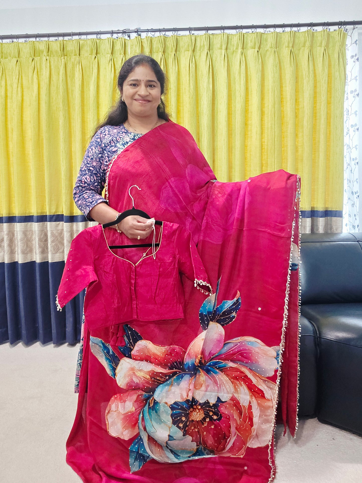 Crimson Bloom Luxe Soft Crepe Georgette Floral Saree with Sequins & Scalloped Border – Stitched Blouse Set