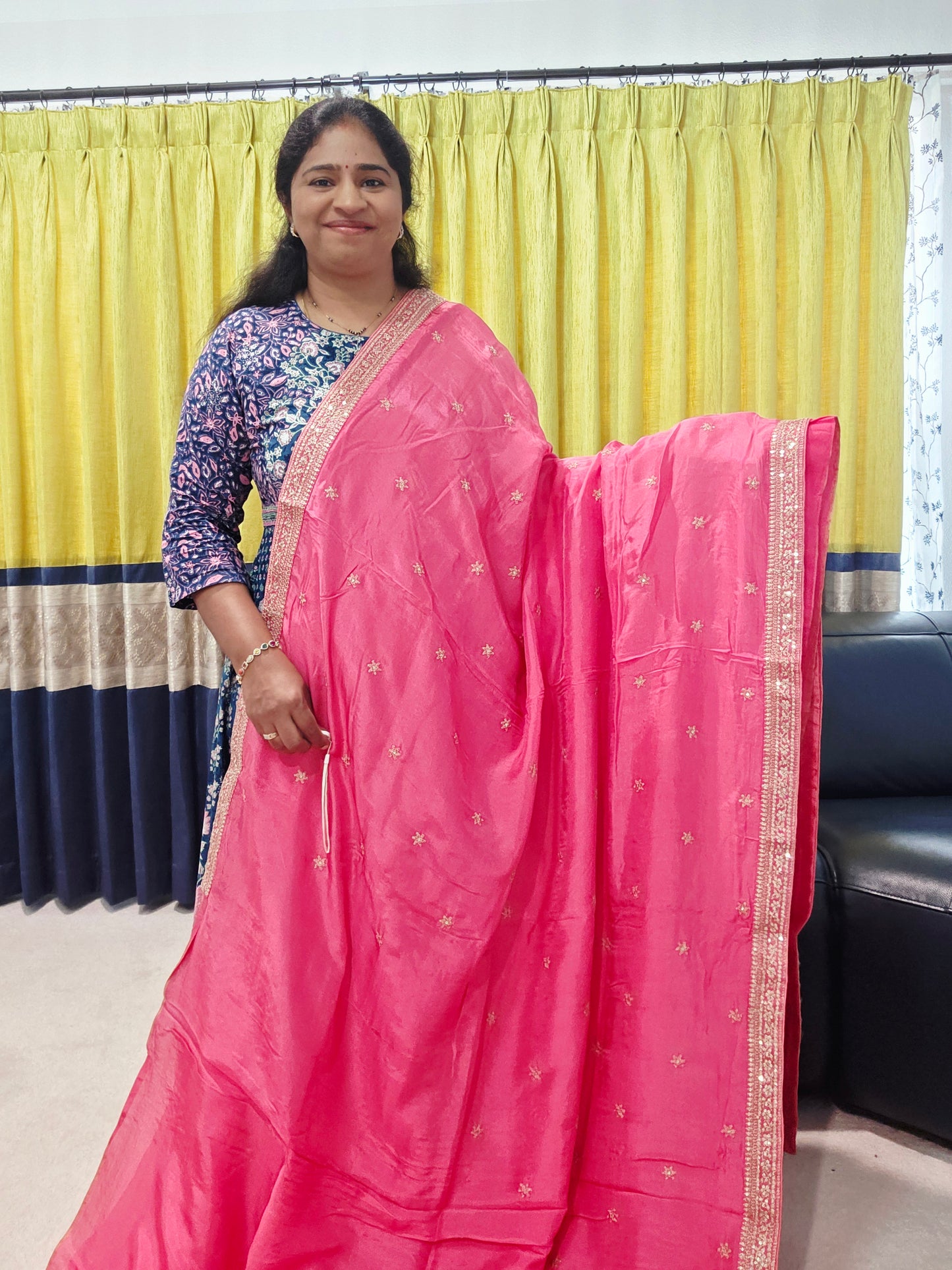 Radiant Rani Pink Sabyasachi Inspired Viscose Crepe Silk Saree with Floral Designer Blouse