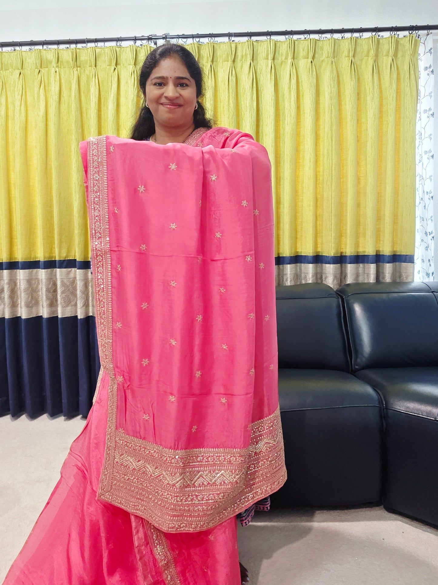 Radiant Rani Pink Sabyasachi Inspired Viscose Crepe Silk Saree with Floral Designer Blouse