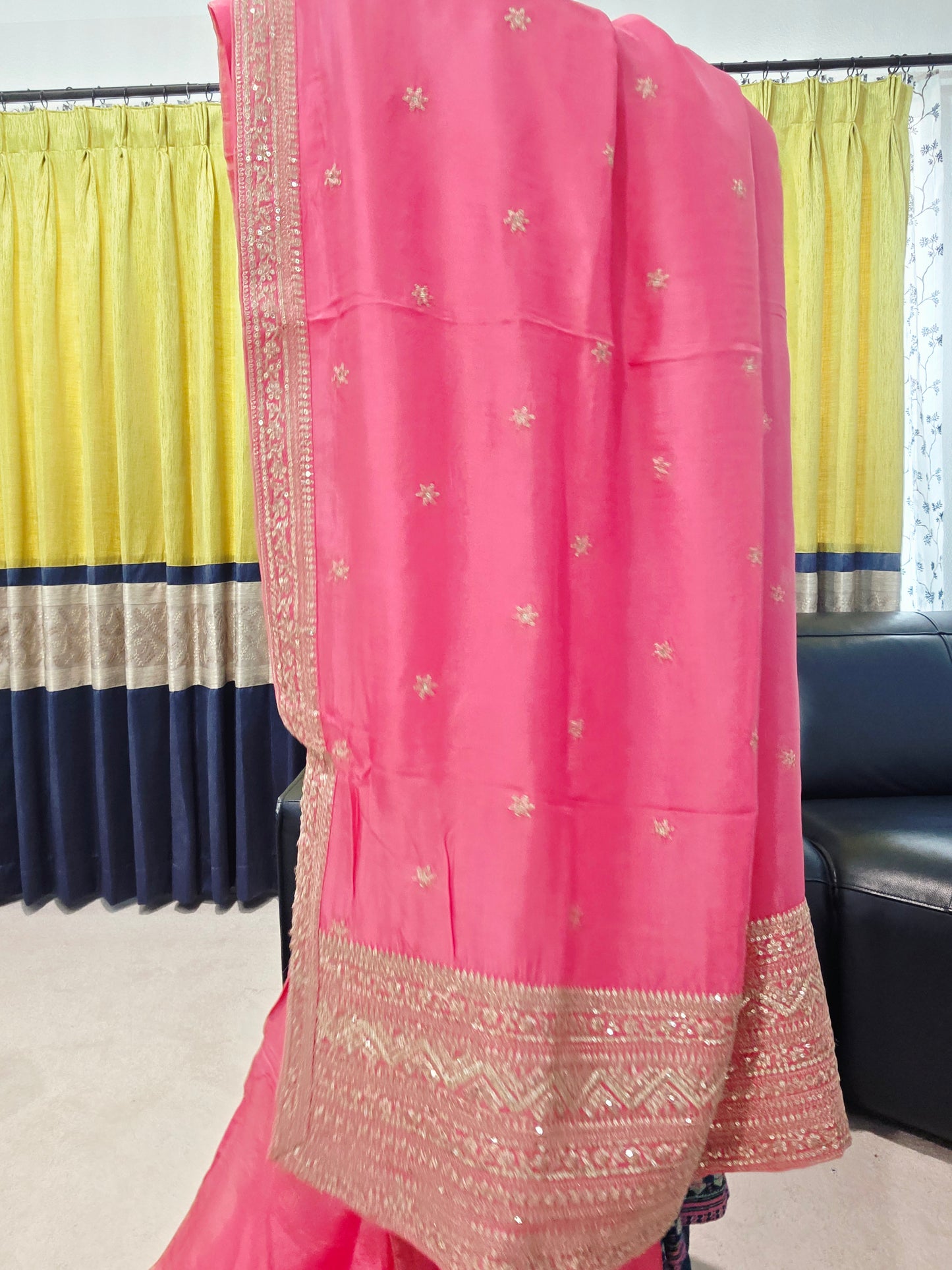 Radiant Rani Pink Sabyasachi Inspired Viscose Crepe Silk Saree with Floral Designer Blouse