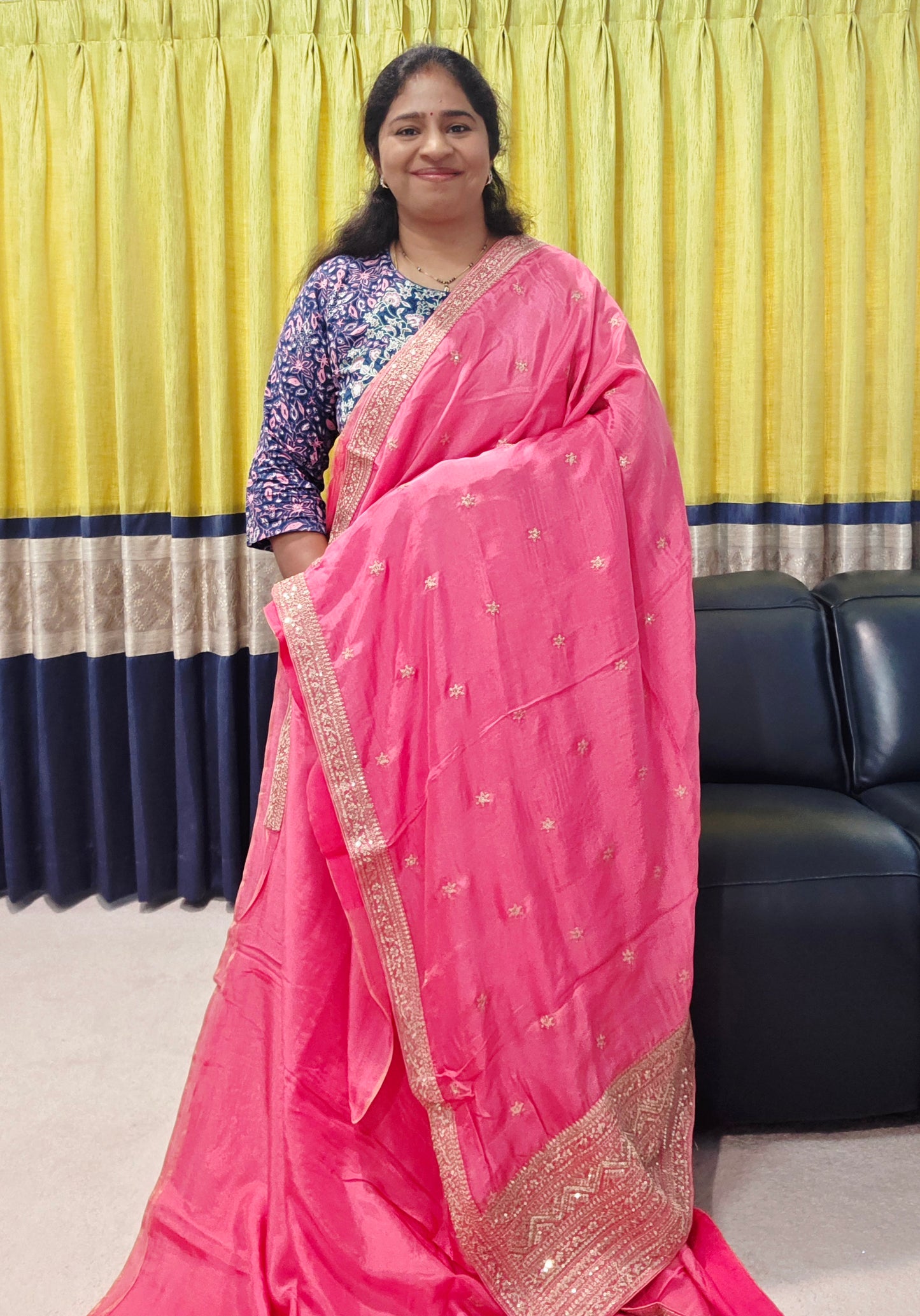 Radiant Rani Pink Sabyasachi Inspired Viscose Crepe Silk Saree with Floral Designer Blouse